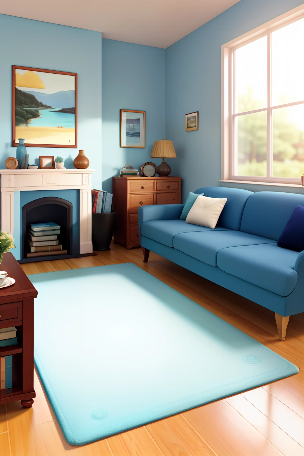 Create a 3D rendered model of a living room refreshed with a soothing blue hue, featuring a tall, elegant door that lets in a gentle breeze. Comfortable elements such as plush armchairs and soft rugs adorn the cozy space. Scattered around the room, you'll find numerous books with aged covers, each holding the secrets of countless stories. To capture the atmosphere, use a 35mm camera with an aged image treatment for a nostalgic and timeless feel.