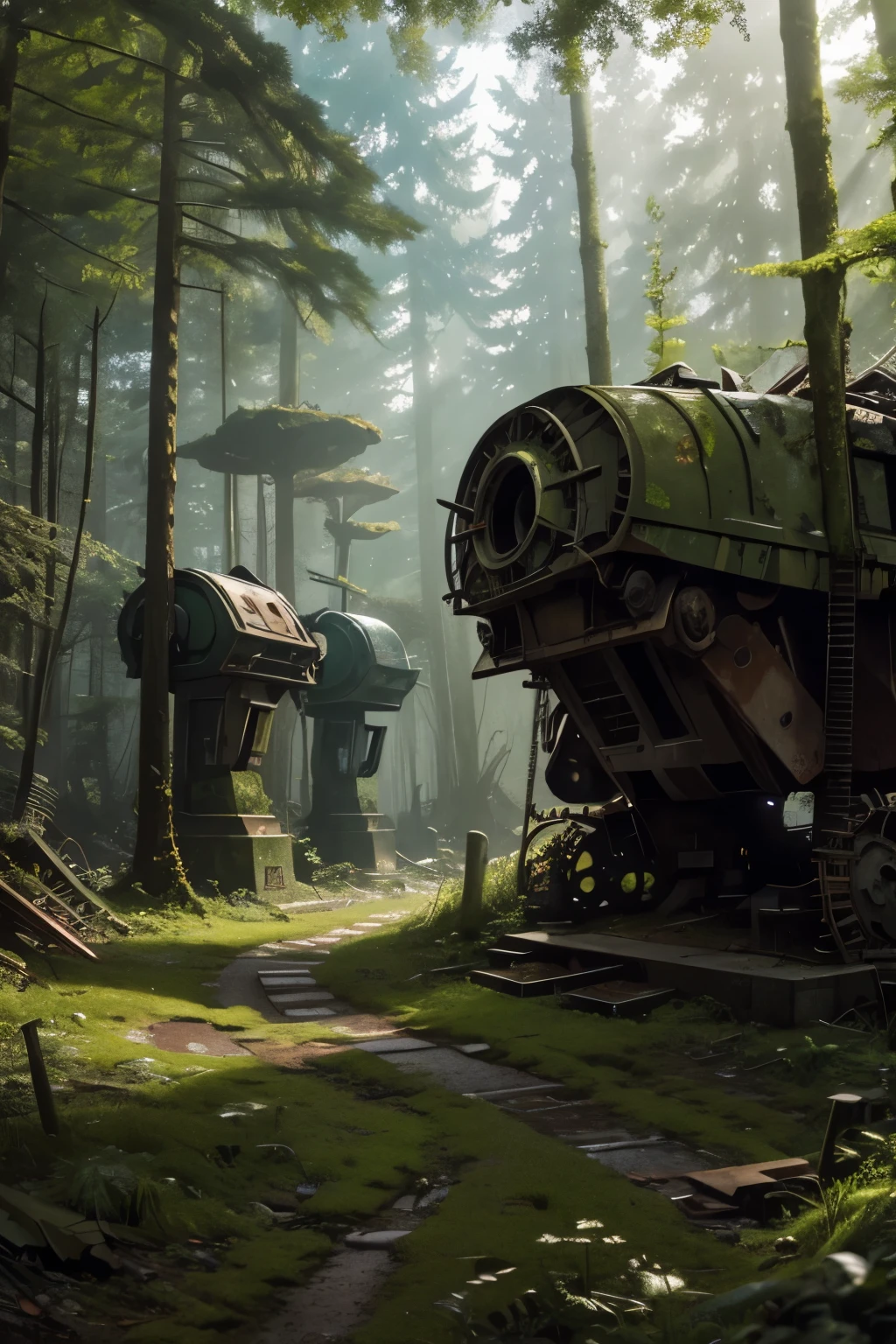 best quality, Ghibli style, incredibly absurdres, extremely detailed, dump site with a large pile of broken mechanical robots, graveyard, decay, rust, moss, weeds, deep in the forest, contrast with beautiful forest, fantastic sunlight filtering through the leaves