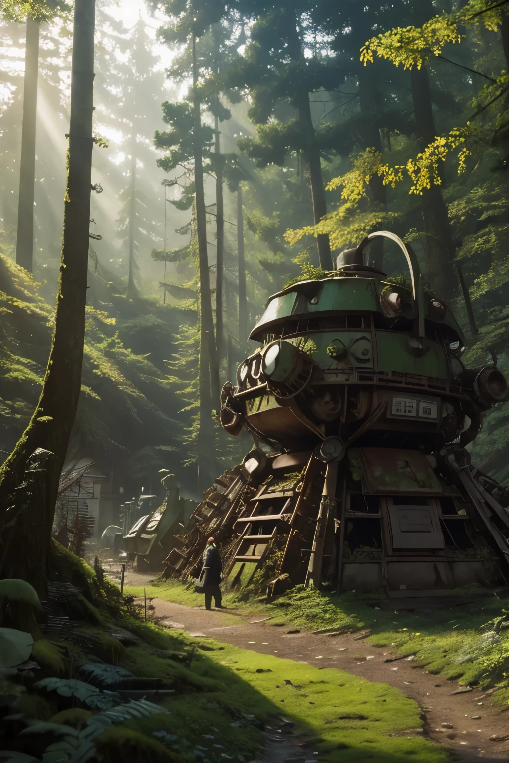 best quality, Ghibli style, incredibly absurdres, extremely detailed, dump site with a large pile of broken mechanical robots, graveyard, decay, rust, moss, weeds, deep in the forest, contrast with beautiful forest, fantastic sunlight filtering through the leaves