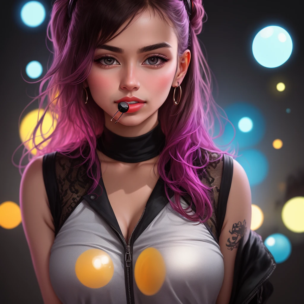 close-up beautiful young punk rock woman very detailed and sharp, round bubble of gum in her mouth, in color, retro neon synth wave with letters, illuminating the face and body with magenta neon lights subtly, black background, very detailed, 32k , sharp focus, masterpiece