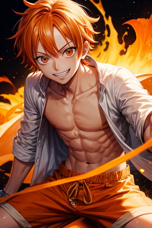 One piece, 1 boy, orange hair, orange eyes, solo, small eyelashes, smile, expansive blackground