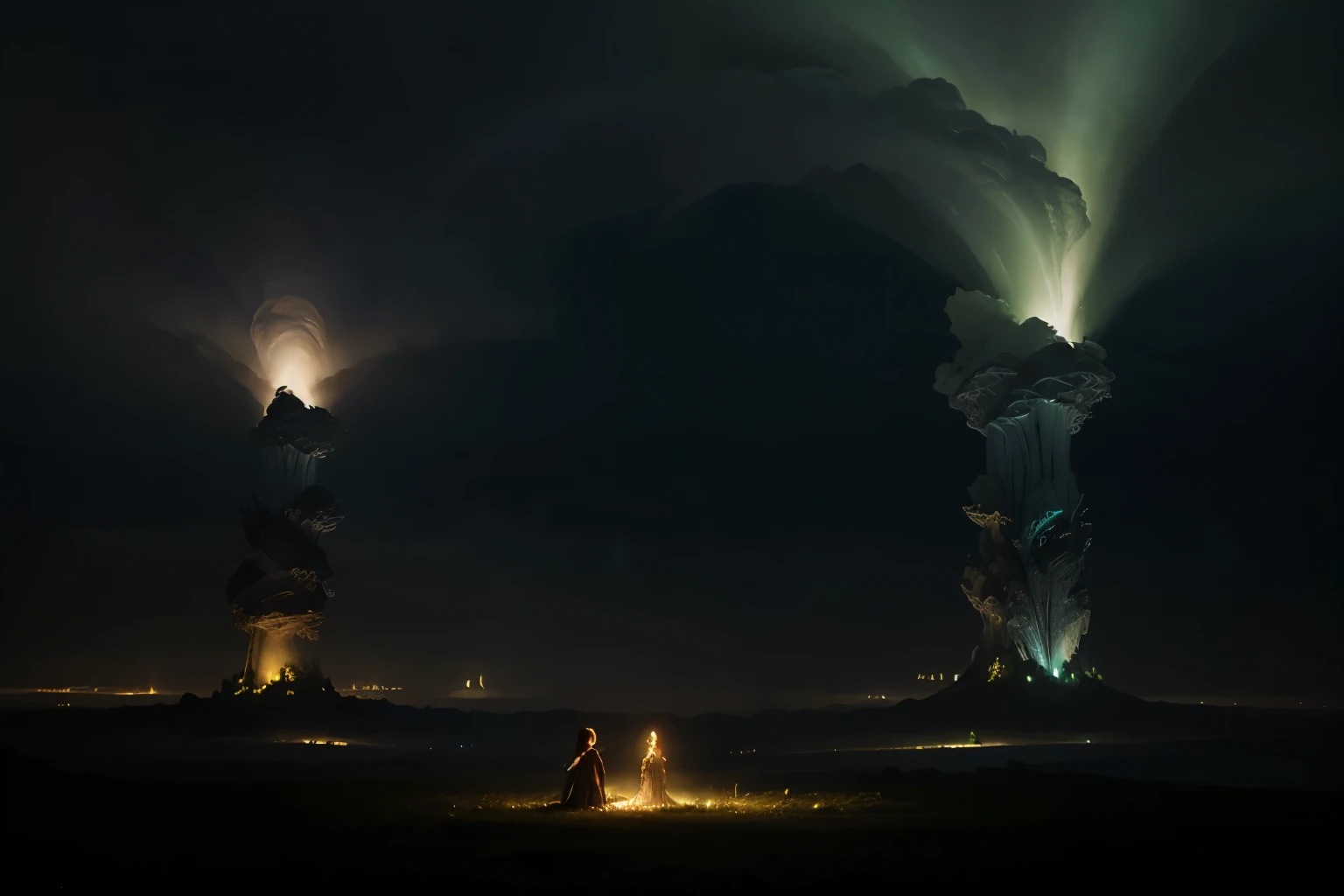 In a fleeting display of ethereal beauty, sprites and elves dance above thunderstorms, their shimmering forms a contrast to the ominous skies below. This mesmerizing scene is depicted in a stunning digital painting, with intricate details that capture the magic of these elusive beings. The sprites and elves are seen as radiant bursts of light, their translucent figures enveloped in a soft, otherworldly glow. The overall composition is evocative and enchanting, inviting viewers to marvel at the wondrous sight of these celestial creatures.