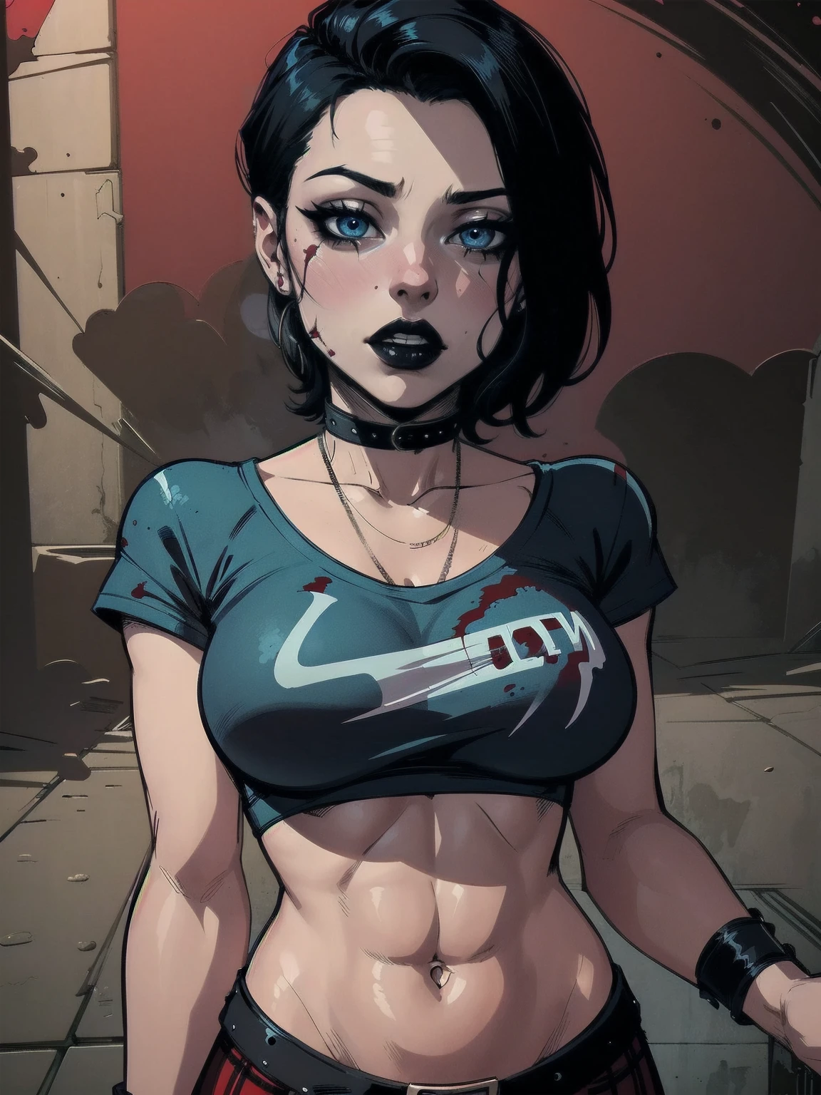 a woman with short black hair, hair on shoulders,  wearing a red t-shirt  and plaid skirt, blue eyes, zombie art, gothic art, cute aesthetic with vibe, toon aesthetic, wearing red costume, wearing gothic accessories, look like Cassie Hack, upper body, horror background