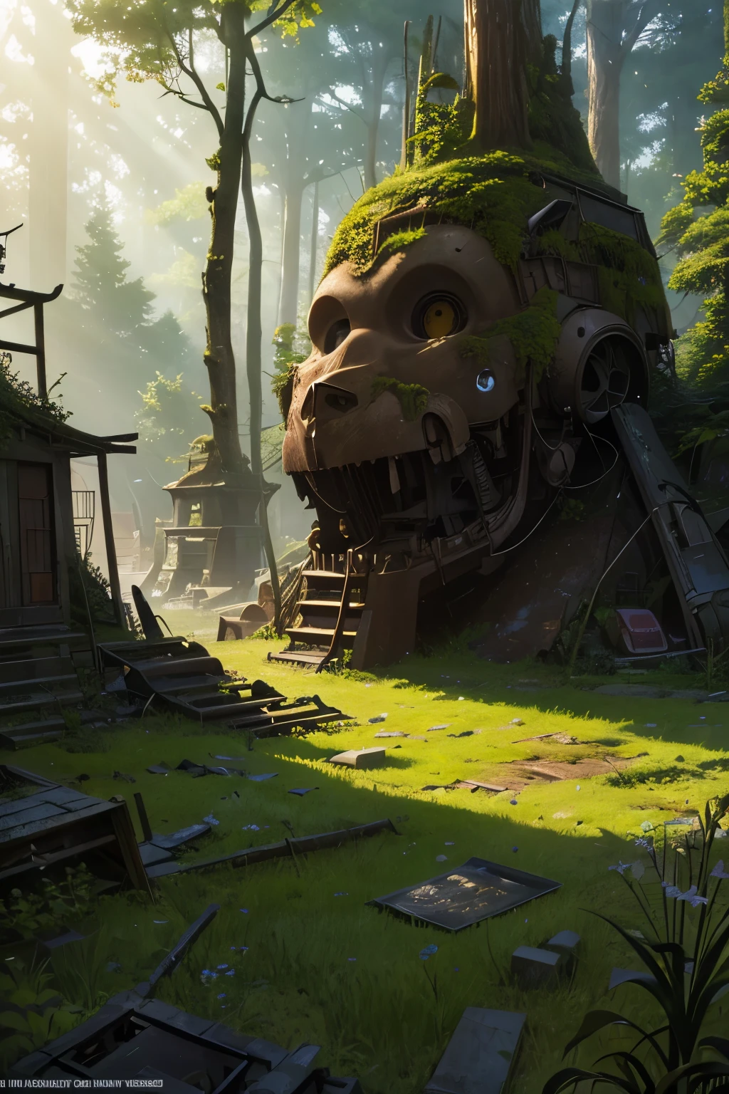 best quality, Ghibli style, incredibly absurdres, extremely detailed, dump site with a large pile of broken mechanical robots, graveyard, decay, rust, moss, weeds, deep in the forest, contrast with beautiful forest, fantastic sunlight filtering through the leaves