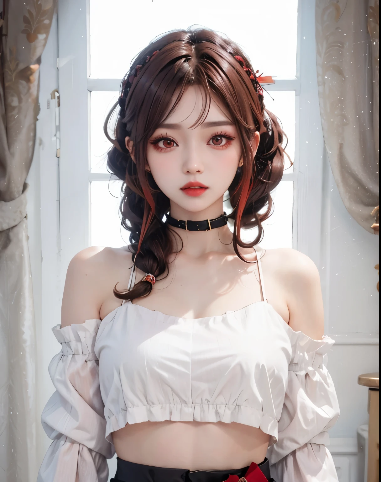 Reddish-brown hair,long hair,high ponytail hairstyle,red headdress,red eyes,red eyes,