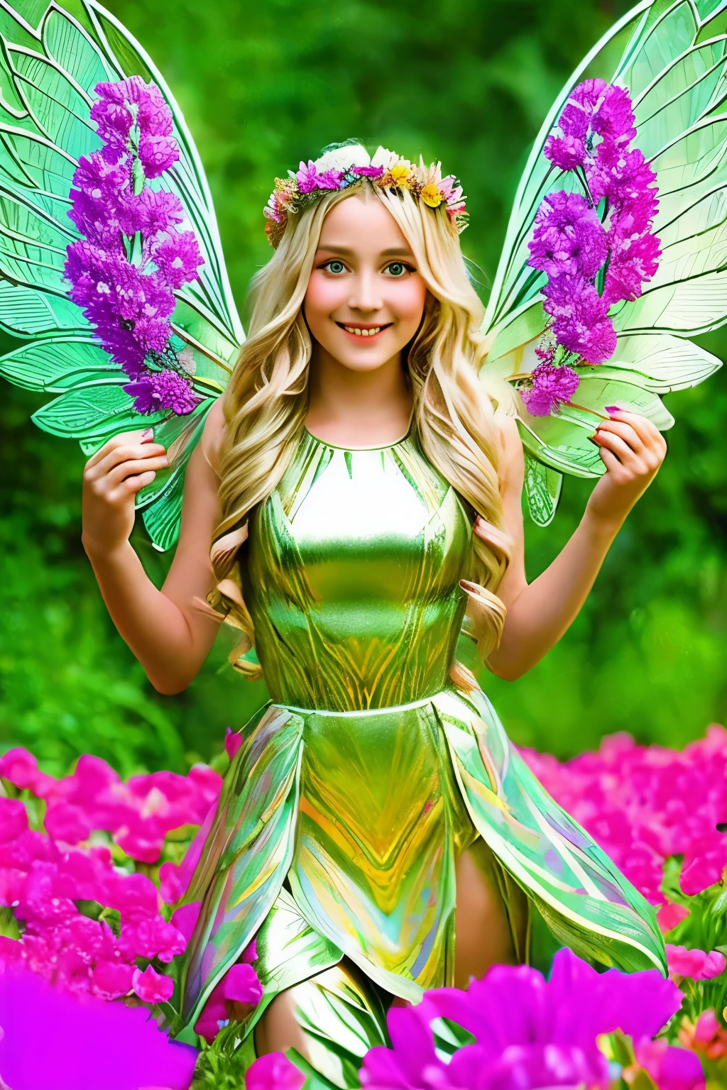 The Highest Masterpiece,classical art, Best quality, летящая по воздуху прекрасная fairy with a flower in her hand , large colorful wings behind the back , shining large wings against a background of forest and flowers, detailed image of the beautiful face of a fairy girl , beautiful face, blond, luxuriant hair , beautiful wreath of flowers on your head , rainbow shining dress ,The Flower Fairy, fairy with a flower in her hand ,photo-portrait of a fairy girl flying through the air like a strikoza, highest quality !