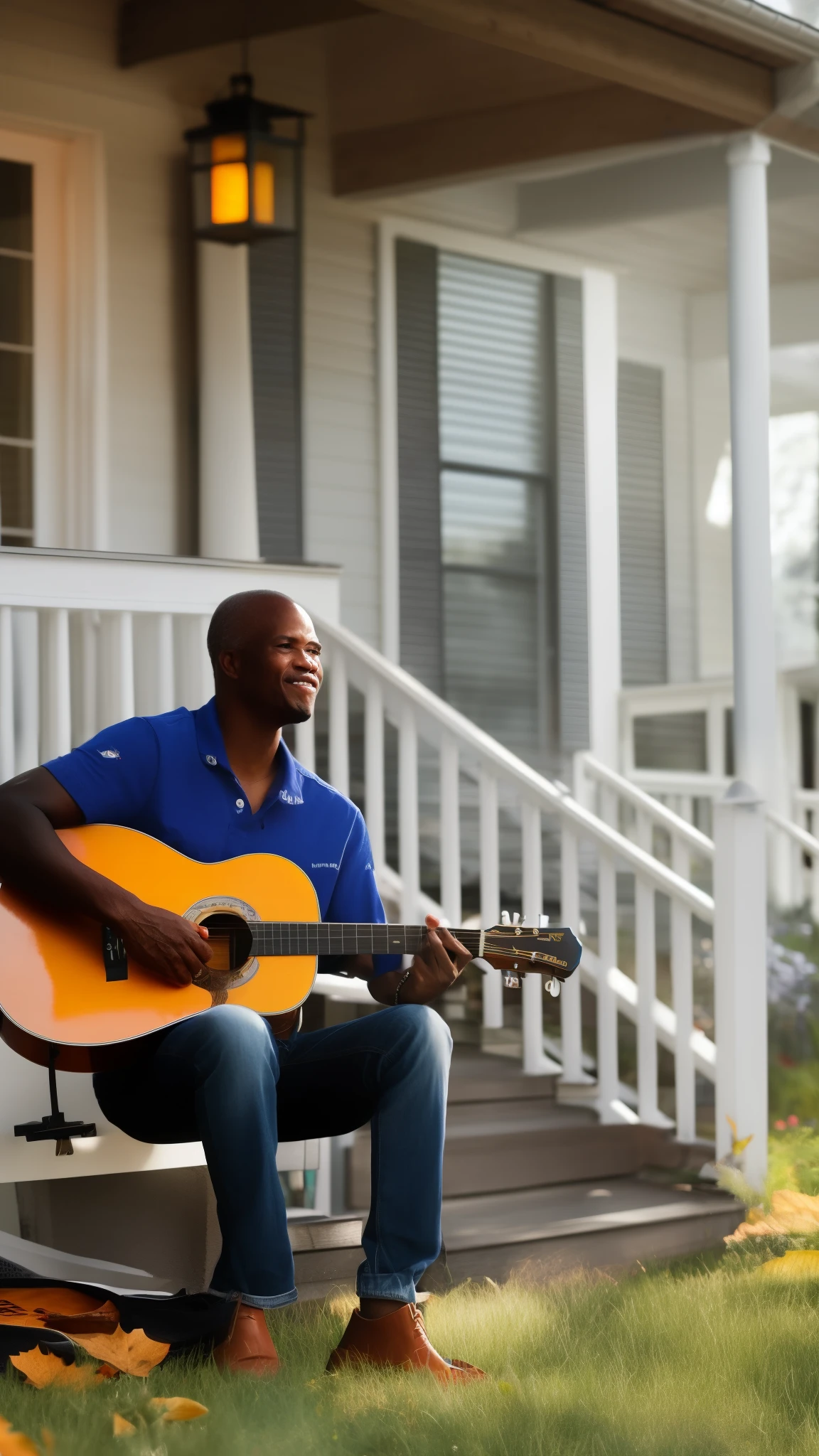 Fall day in southern Georgia, African American man in southern attire sitting outside on porch playing Gibson acoustic guitar, blue hour evening sky, hot weather, HD detail, hyper detail, detailed hands, film look, realism, , soft light, medium field focus bokeh, ray tracing, 8K cinematic, make look like was shot using a Canon 90D camera with 50mm lens