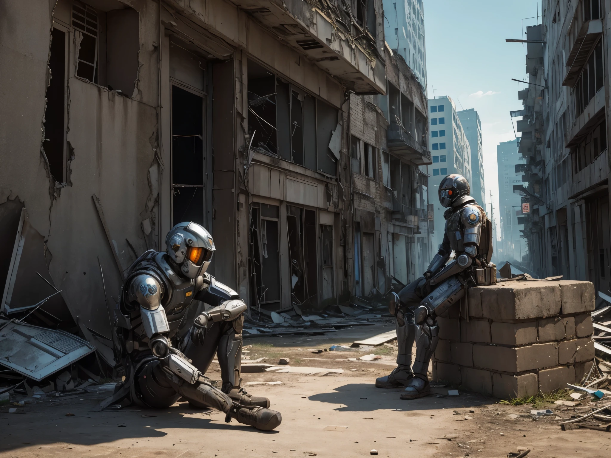 (masterpiece, best quality), best resolution, abandoned humanoid robot sitting against the wall of a ruined building, post-apocalyptic city