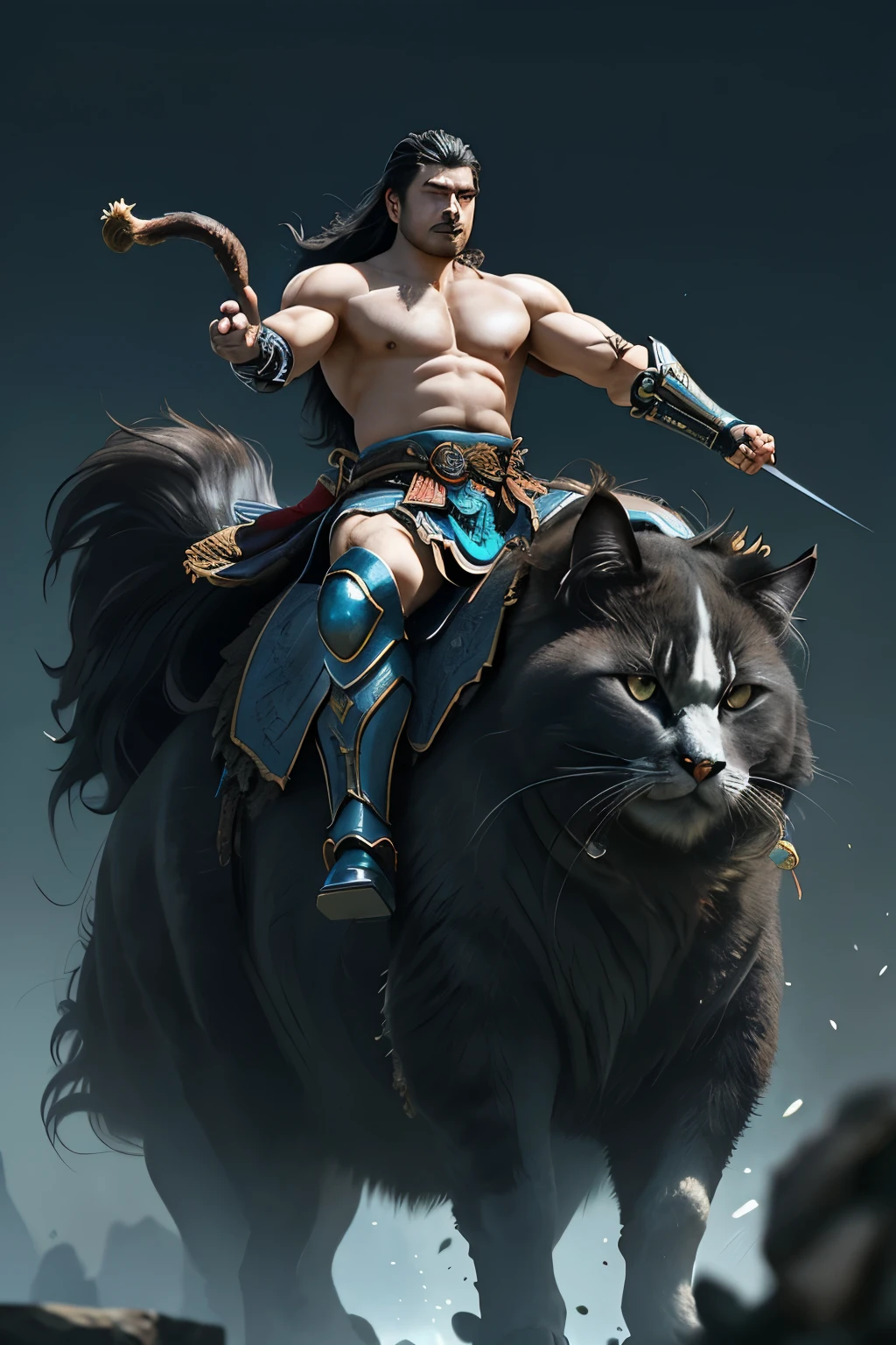 Guan Yunchang, a formidable figure from the Three Kingdoms era, rides atop a colossal long-haired Persian cat with fat limbs. The cat's muscular build is unrealistic yet captivating, measuring an incredible 20 meters in length and possessing the strength of a hundred oxen. Its huge pecs and deltoid muscles ripple with each stride, exemplifying its unmatched power. Dressed in futuristic cyberpunk armor, Guan Yunchang maintains an elegant and refined demeanor. His body, made of high-gloss polymer, reflects the Edge Strength Splash Effect, creating mesmer