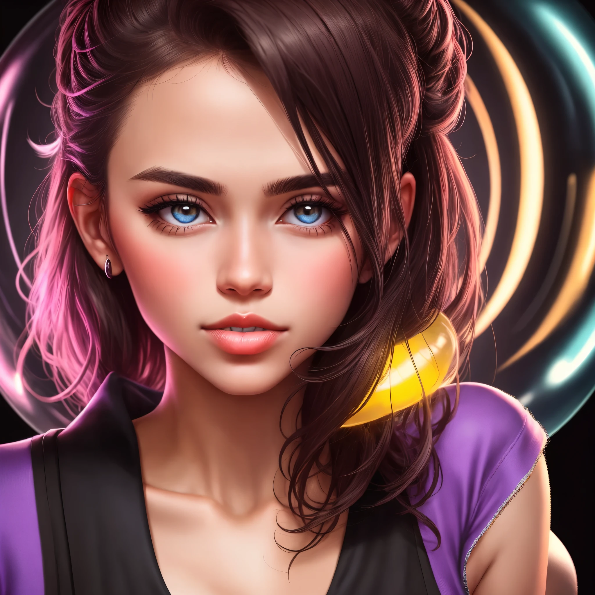 close-up beautiful young punk rock woman very detailed and sharp, round bubble of gum in her mouth, in color, retro neon synth wave with letters, illuminating the face and body with magenta neon lights subtly, black background, very detailed, 32k , sharp focus, masterpiece