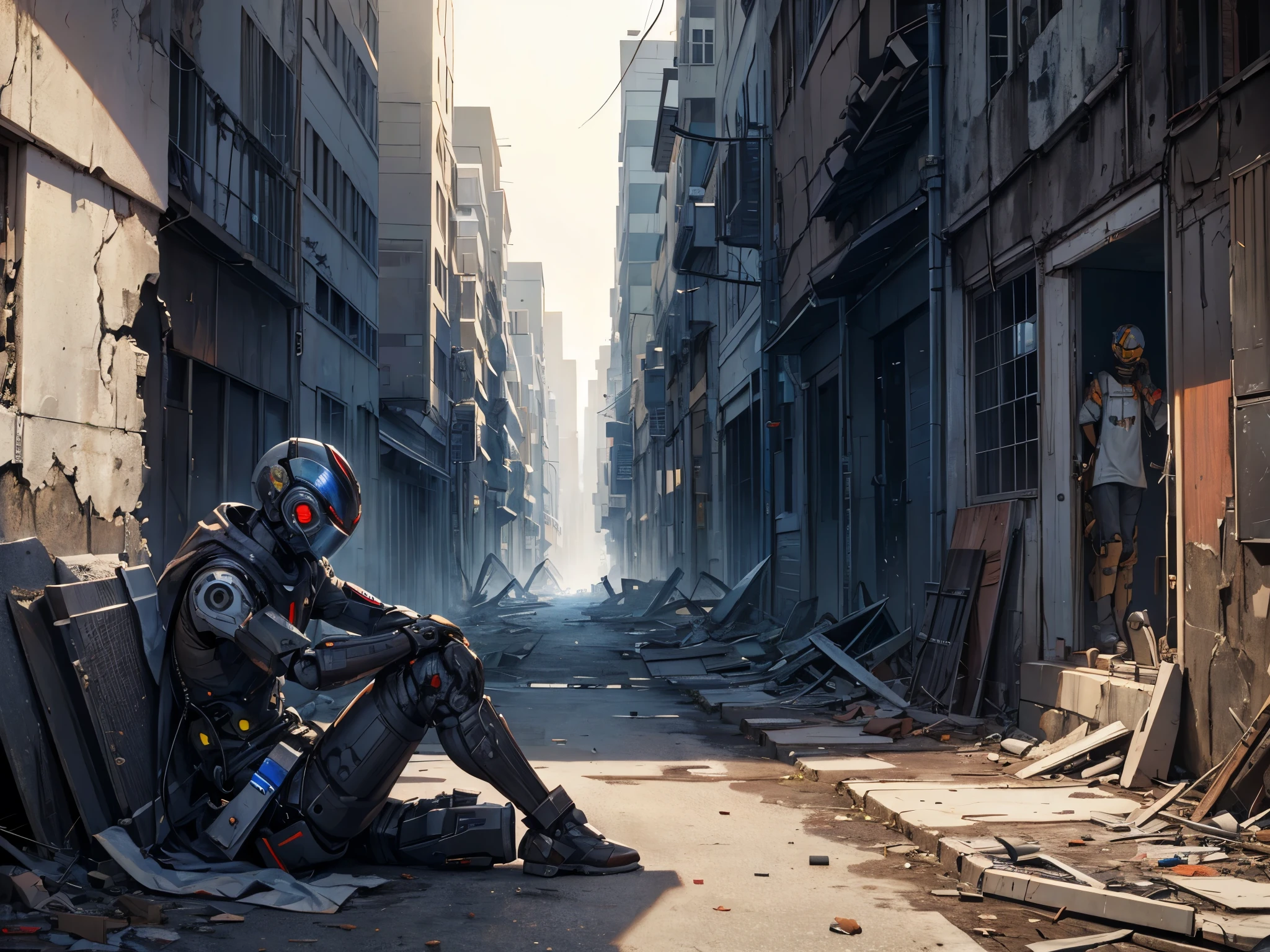 (masterpiece, best quality), best resolution, abandoned humanoid robot, post-apocalyptic city, ruins