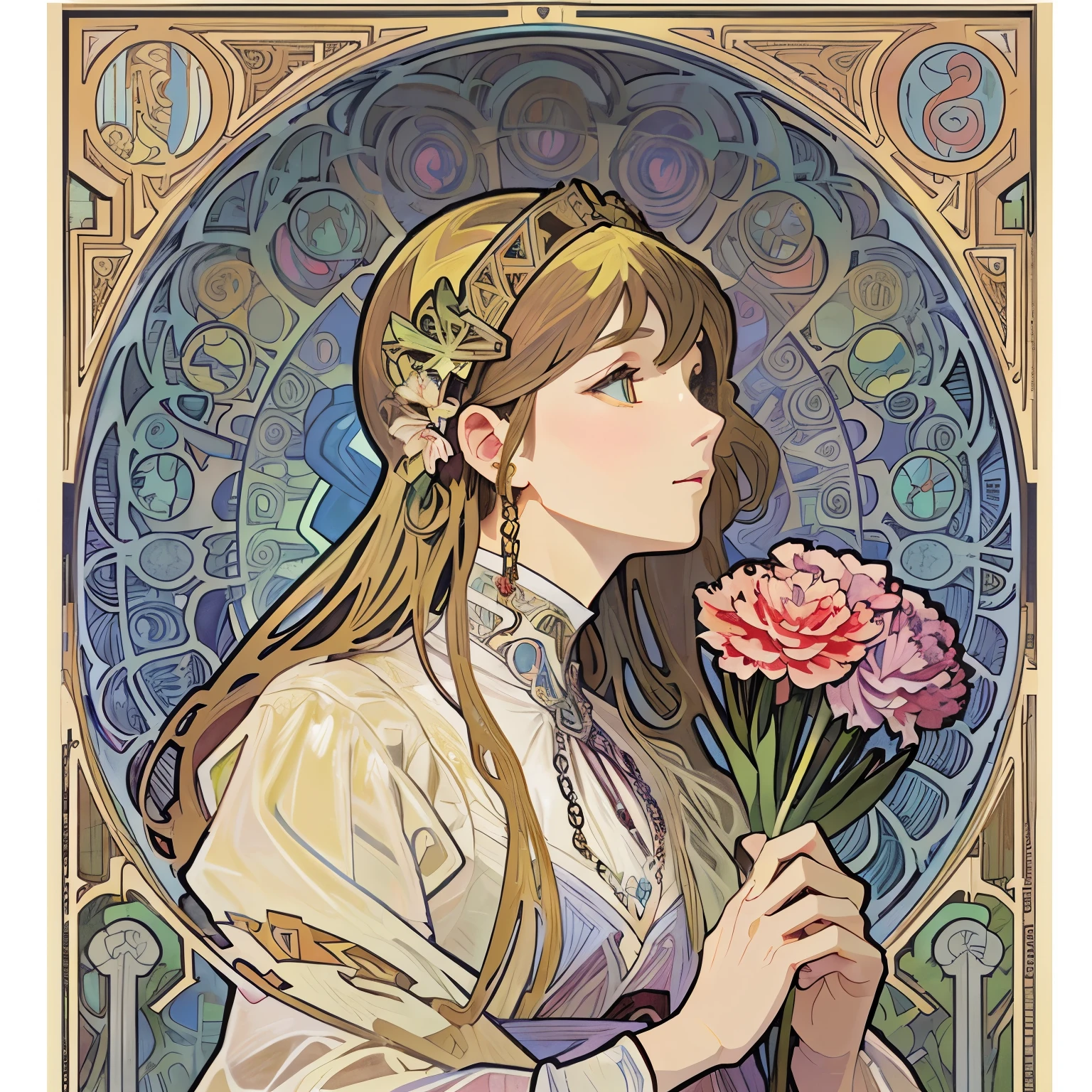 (((Alphonse Mucha style)))、(((carnation background))), (((high color saturation))), ((surrounded by bright colors)))) Super detailed, beautiful and beautiful, masterpiece, highest quality, (fractal art: 1.3), 1 girl, very detailed, dynamic angle, cowboy shooting, Chaos in its most beautiful form, elegant, Brutalist design, bright colors, romanticism, in the atmosphere, ecstatic、short neck、Plant pattern、flower picture frame、soft clothes、luxury detailed jewelry、hair ornaments、chain、platinum、brand、Byzantine