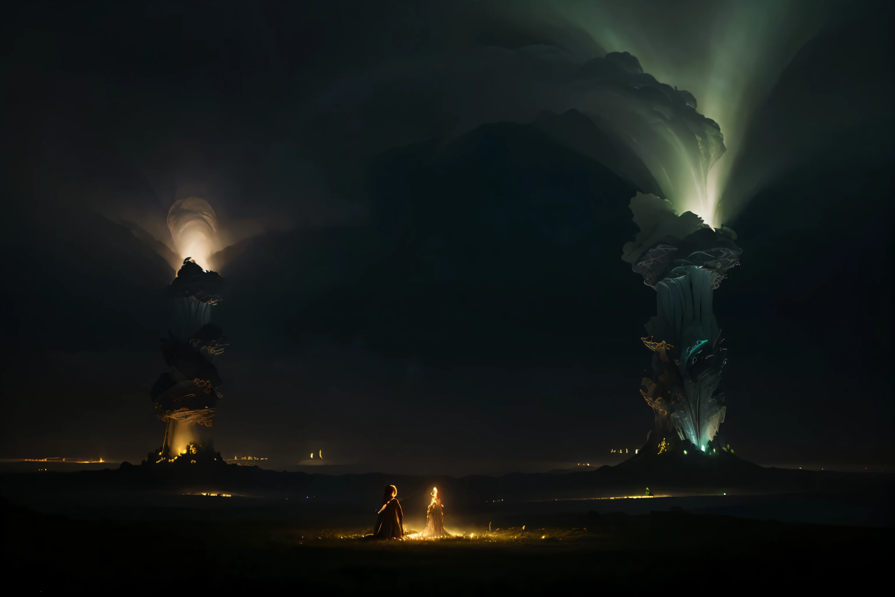 In a momentary display of ethereal beauty, Sprites and elves dance above a thunderstorm., Its shimmering light contrasted with the ominous sky below.. This mesmerizing scene has been captured in a stunning digital painting., With intricate details that capture the wonder of these elusive creatures.. Fairies and elves are seen as glowing lights., Their translucent bodies were wrapped in softness., Glow from another world. The overall composition is evocative and charming., Viewers are invited to marvel at the amazing images of these celestial beings..