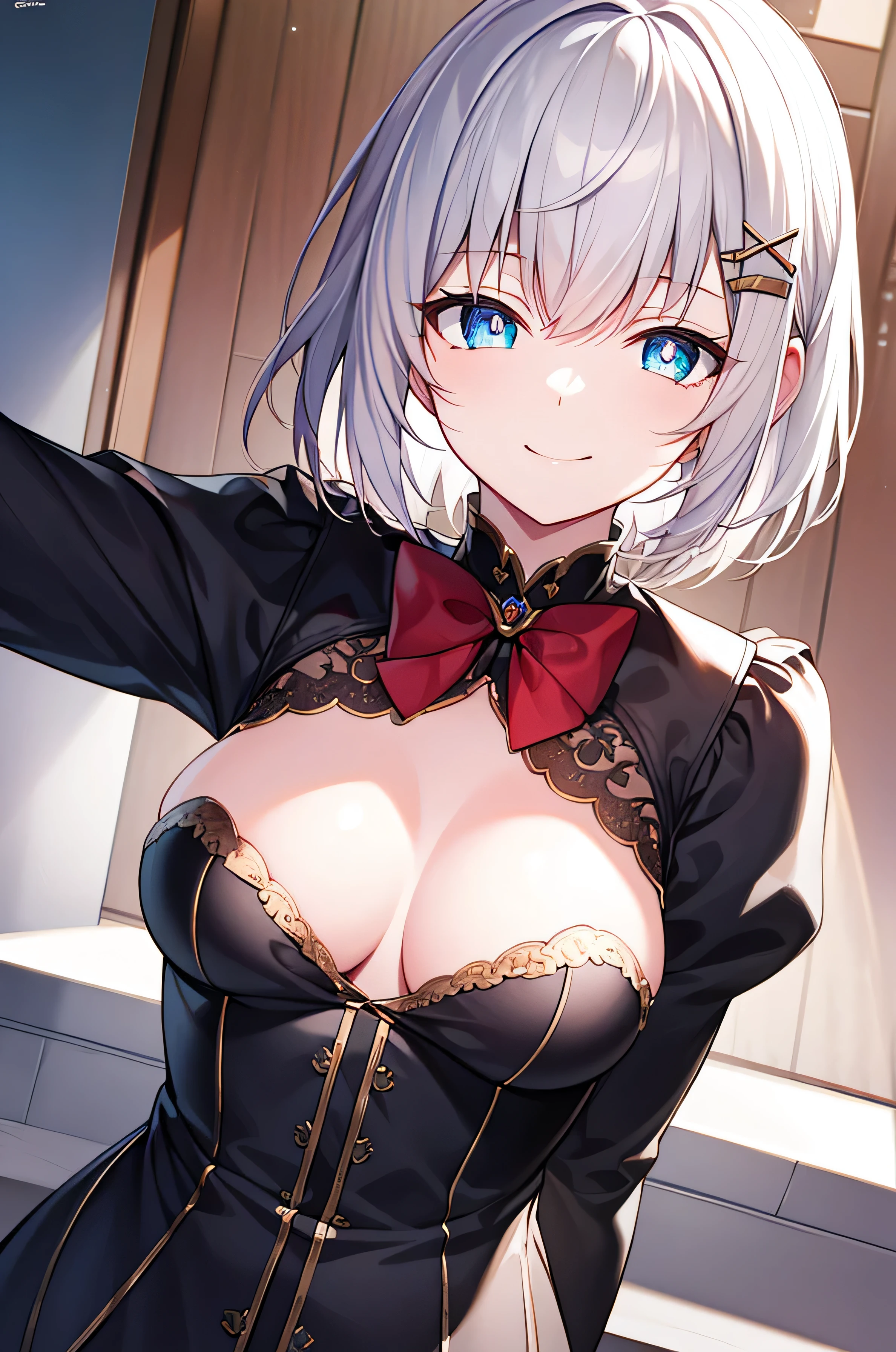 detectivesiesta, smile, short hair, bangs, blue eyes, shirt, hair ornament, long sleeves, dress, bow, white hair, hairclip, blunt bangs, bowtie, red bow, x hair ornament, red bowtie, siesta, (medium breast:1.2), BREAK looking at viewer, BREAK outside, BREAK (masterpiece:1.2), best quality, high resolution, unity 8k wallpaper, (illustration:0.8), (beautiful detailed eyes:1.6), extremely detailed face, perfect lighting, extremely detailed CG, (perfect hands, perfect anatomy),
