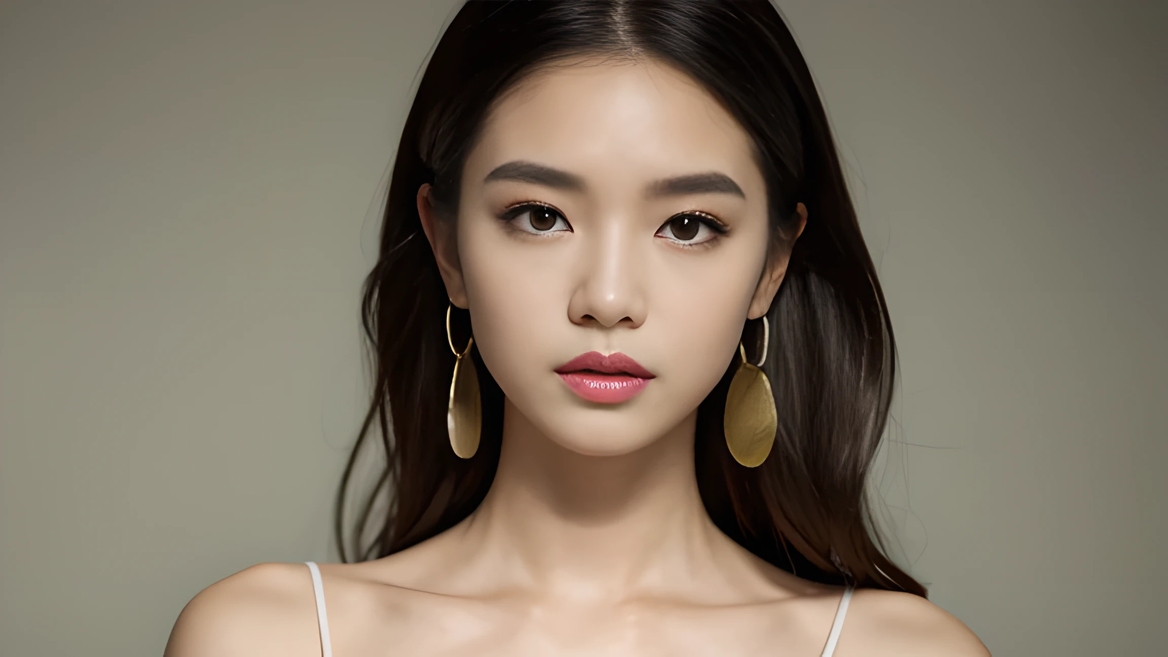 masterpiece, best quality, alone, 1 girl, glowing skin, hoop earrings, charming, Whimsical details, smooth hair, enchanting, bare shoulders, crop top, Pants, See deeply, Compared, professional model, front, portrait
