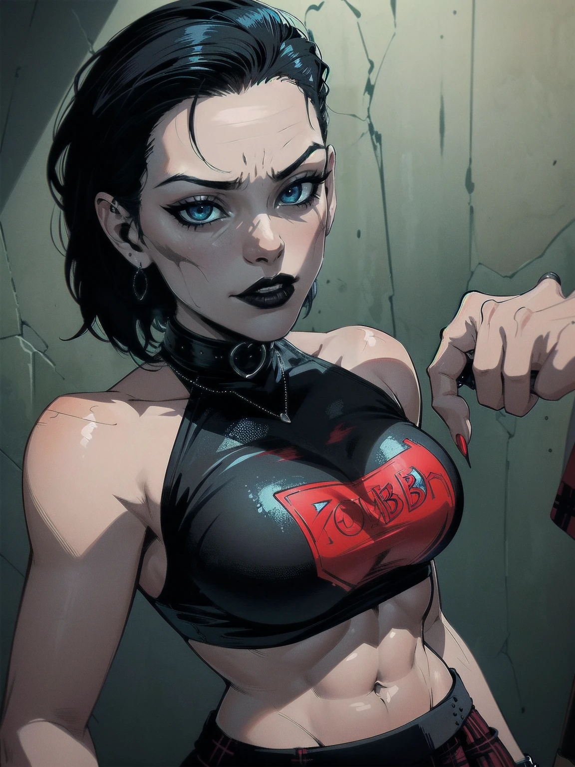 a woman with short black hair, hair on shoulders,  wearing a red t-shirt  and plaid skirt, blue eyes, zombie art, gothic art, cute aesthetic with vibe, toon aesthetic, wearing red costume, wearing gothic accessories, look like Cassie Hack, upper body, horror background