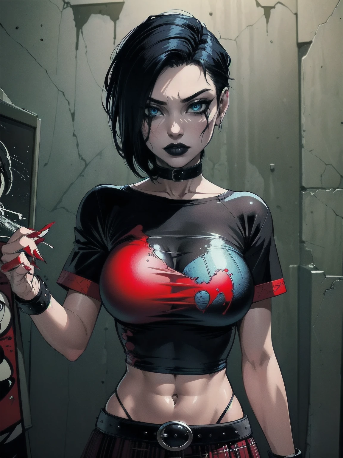 a woman with short black hair, hair on shoulders, wearing a red t-shirt and plaid skirt, blue eyes, zombie art, gothic art, cute aesthetic with vibe, toon aesthetic, wearing red costume, wearing gothic accessories, look like Cassie Hack, upper body, horror background