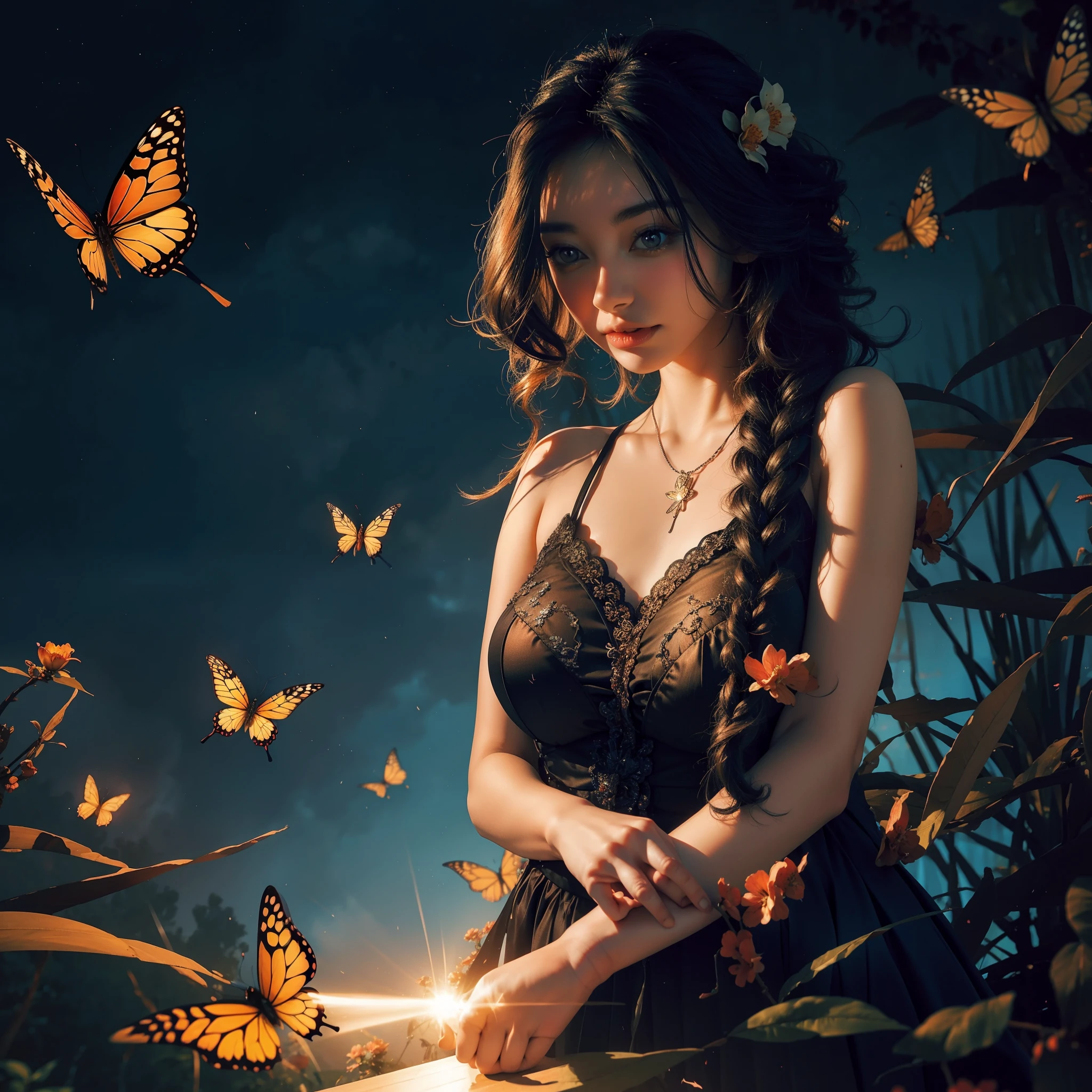 butterflies are flying around a spider web in the dark, 🌺 cgsociety, glowing butterflies, butterflies and sunrays, by Mike Winkelmann, beautiful gorgeous digital art, by Marie Bashkirtseff, full of glass. cgsociety, fairy cgsociety, butterfly lighting, by Cyril Rolando, very beautiful digital art, butterfly, beautiful digital art, beautiful!!! digital art