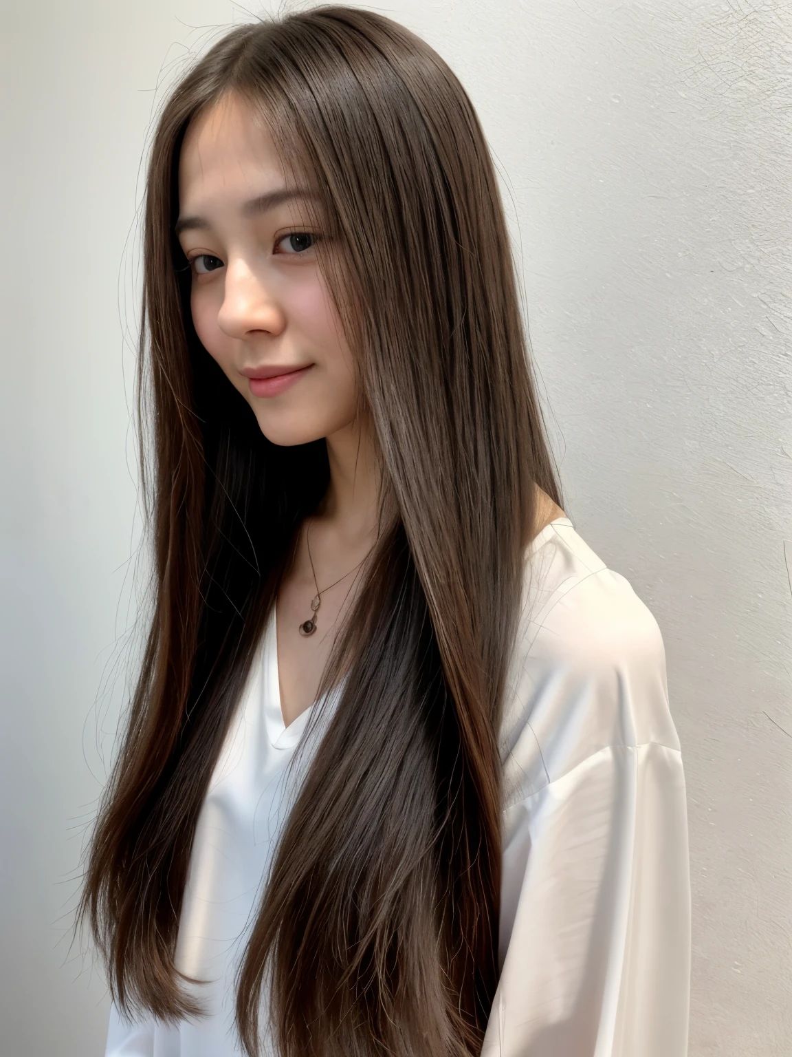 (8k、RAW photo、highest quality、masterpiece:1.2)、light gray long sleeve dress、Hair straightening、long hair、straight hair、beautiful shiny hair、High-definition RAW color photo、professional photos、(realistic、photo realistic:1.37)、Photographed in natural light、1 girl、laughter、white wall、Taken in front of the white door、Various poses、break (ombre:1.3) 、spring clothes、simple necklace、(Beautiful profile:1.3)、don't look at the camera、profile、((Hair color is dark brown))
