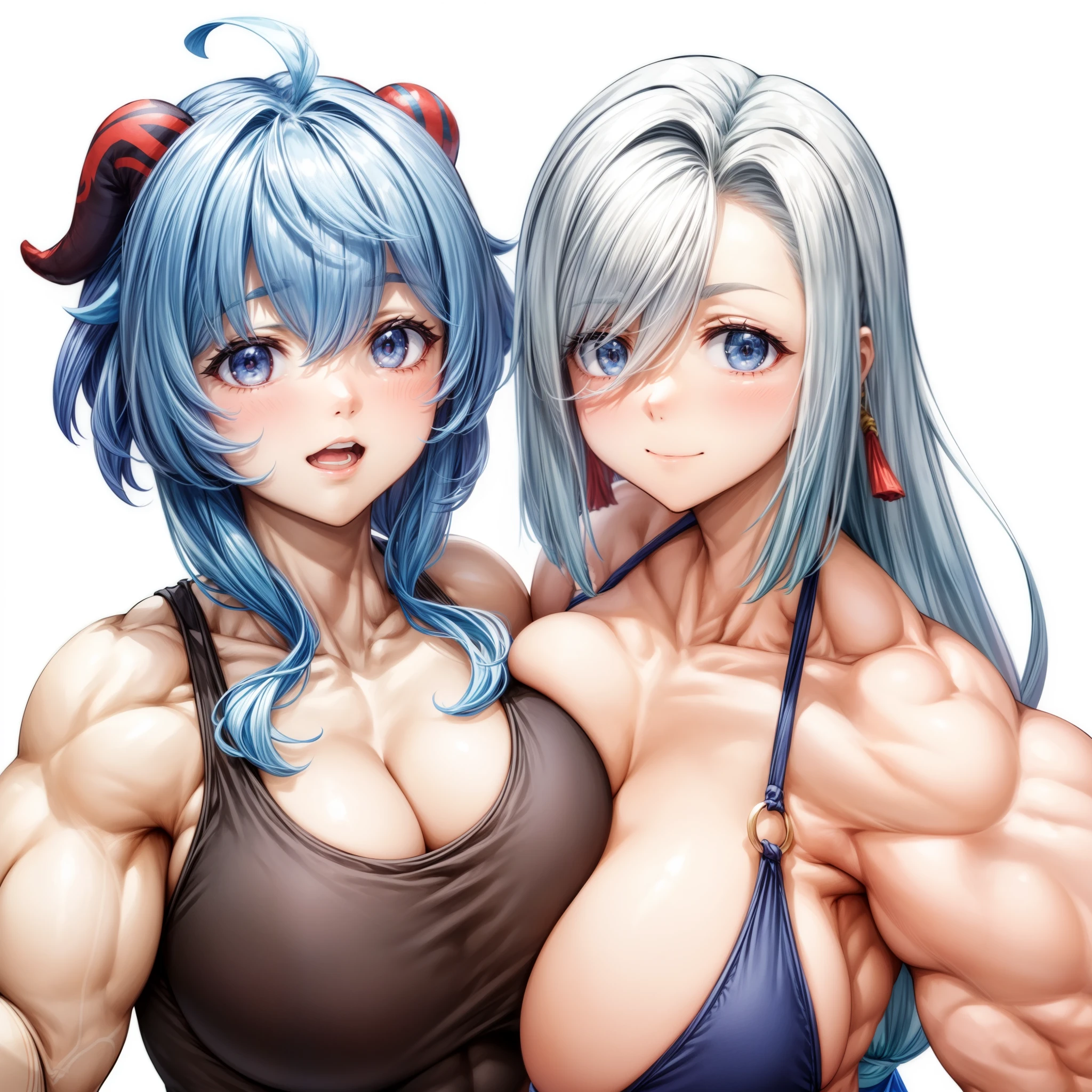 2girls,muscular female,,muscular ,biceps,,thick arm,biceps,(shenhe, ganyu),happy,swimsuit,breast