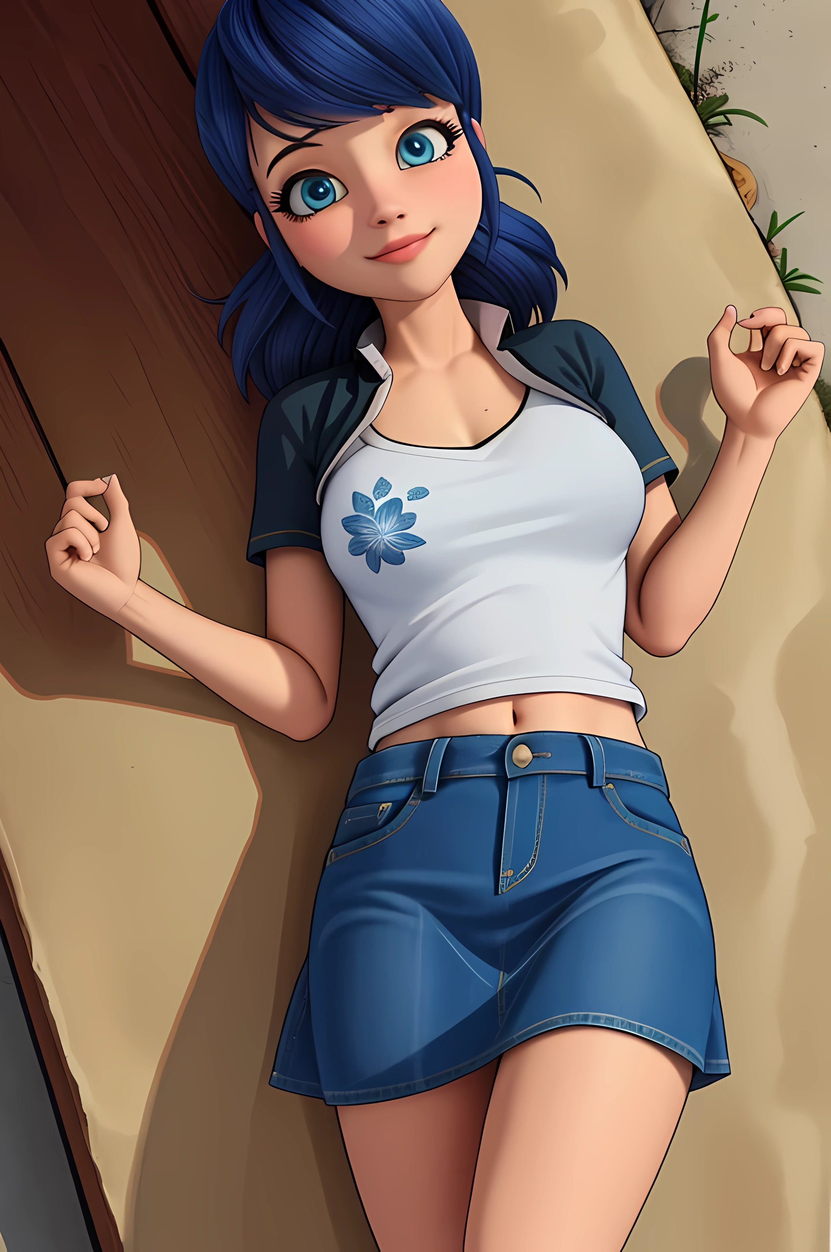 (8k, RAW photo, best quality, masterpiece:1.2), (intricate details), perfect eyes, perfect face, perfect lighting, beautiful, (masterpiece:1.2), (best quality:1.2), 1girl, solo, marinette, blue hair, ((long loosen hair)), adult torso, 17 years old, slight smile, big sized breasts, (denim skirt, short skirt, red navel t-shirt), cowboy shot, 3DMM