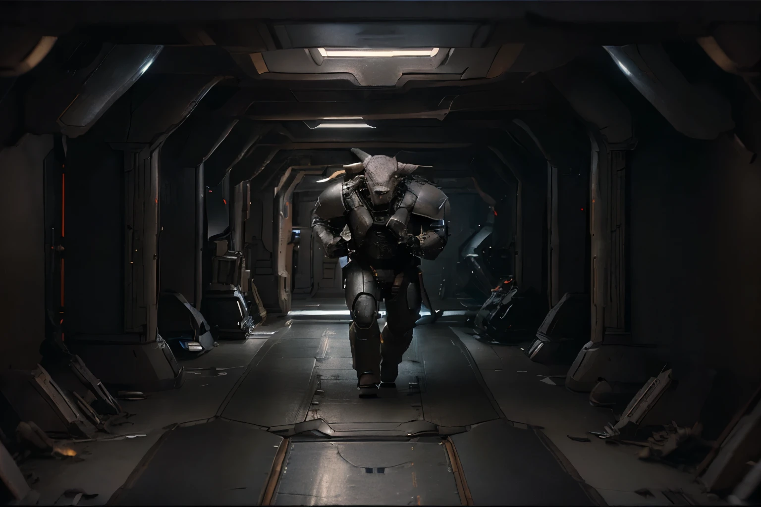 ((a minotaur in battle armor running down a corridor while shooting a laser gun)), battle, side shot, weapons fire, photo realistic, best, masterpiece, starship interior, boarding action, hyper realistic starship battle scene, spaceship battle scene, minotaur spartan armor, full body shot, epic space battle