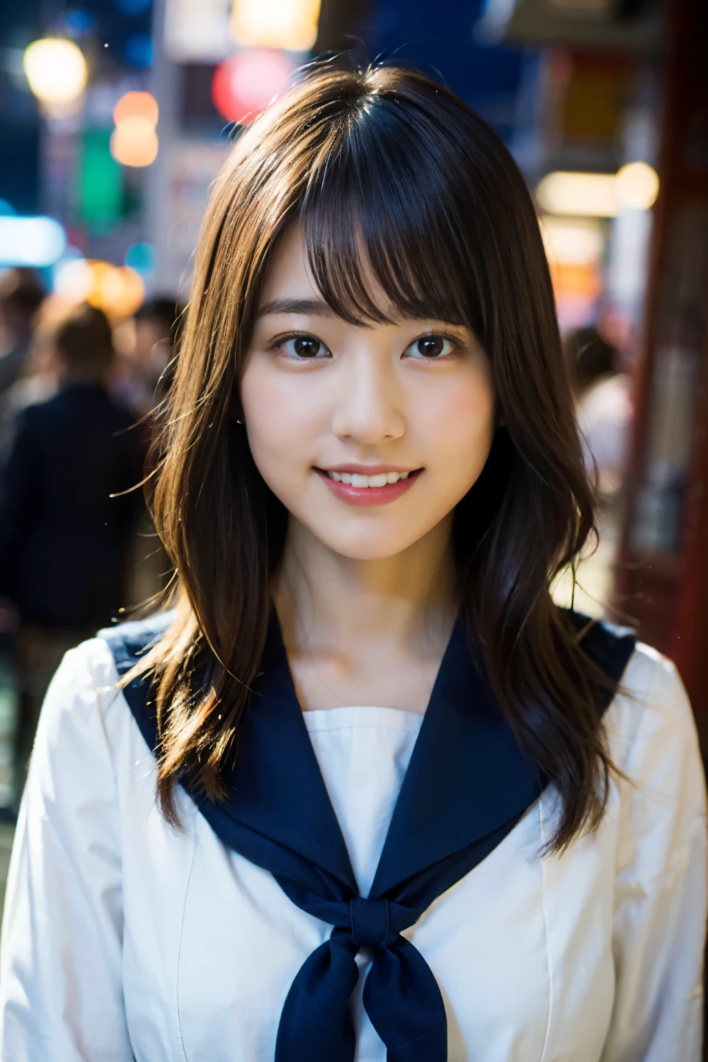 (8k、Raw photo、highest quality、masterpiece:1.2)、(realistic、Photoreal:1.37)、super detailed、超A high resolution、1 girl、see the beholder、beautiful and detailed face、laughter、narrow、(slim waist) :1.3)、Fine and beautiful skin、skin texture、floating hair、professional lighting、human body as a whole、long hair、blonde、Japanese high school uniform、sailor suit、Night bus stop、in the street、bob hair、E cup breast、dark blue socks、15 year old student、high school student、Smile