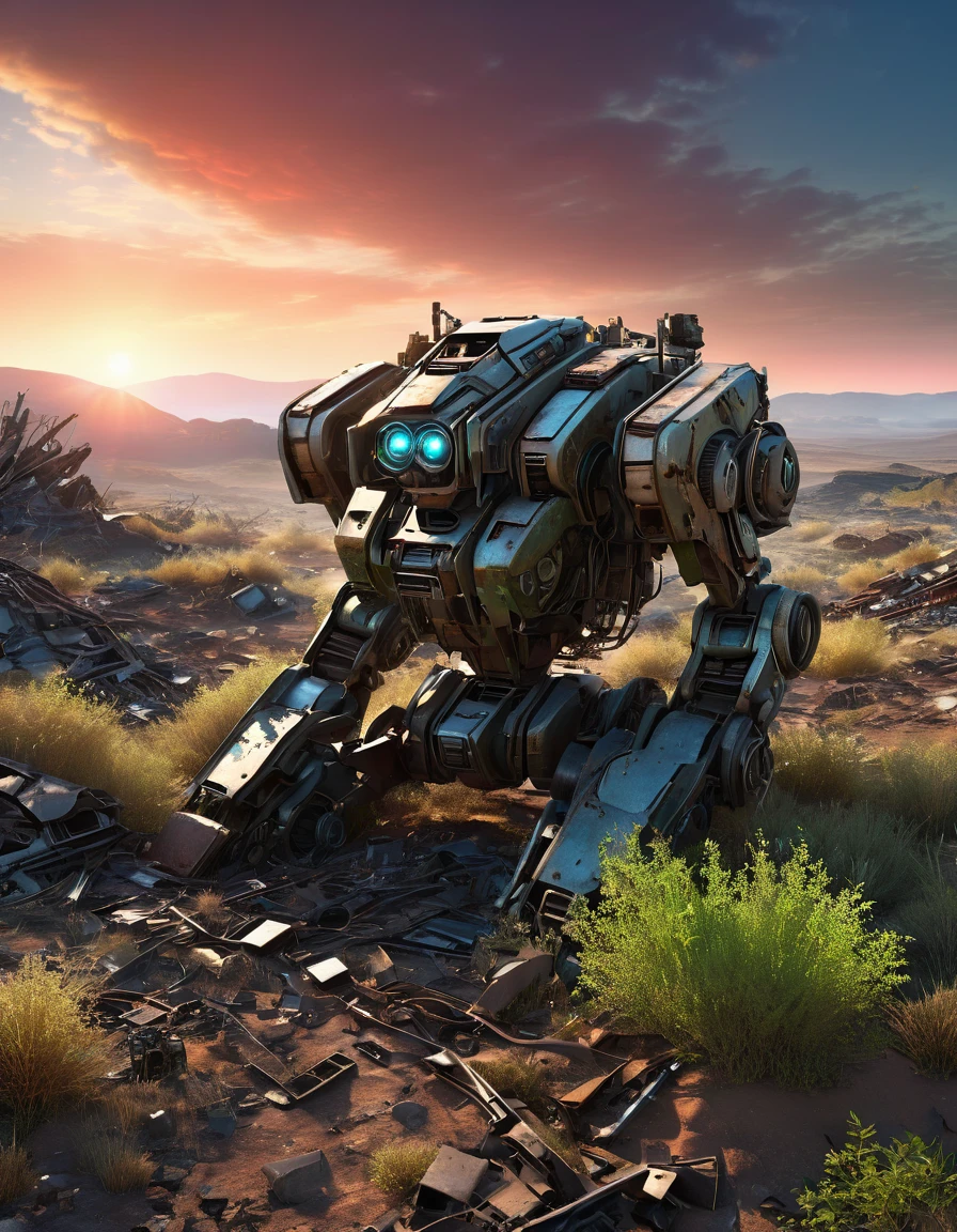 (full-body shot) , ((1 abandoned mecha lying on the ground)), Wasteland，(Damaged metal casing)，(missing limbs:1.3)，(Bare wires)，Extinguished electronic eye，(Remains Cliff)，Overgrown wasteland，(Broken gears and metal pieces)，broken glass，swaying weeds，tragic sunset，afterglow，Ruined world background，(global illumination, Ray tracing, high dynamic range, Unreal rendering, Reasonable design, high detail, masterpiece, best quality, ultra high definition, light)，3d style