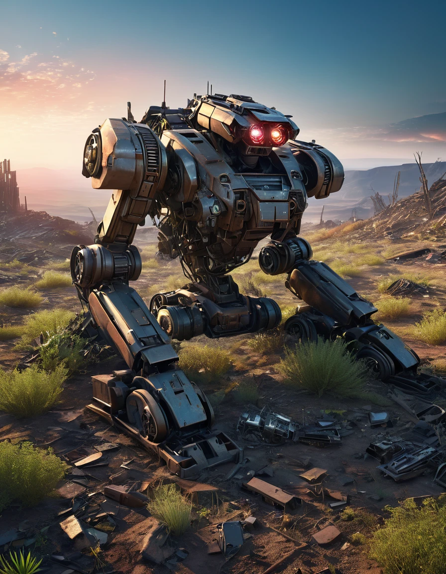 (full-body shot) , ((1 abandoned mecha lying on the ground)), Wasteland,(Damaged metal casing),(missing limbs:1.3),(Bare wires),Extinguished electronic eye,(Remains Cliff),Overgrown wasteland,(Broken gears and metal pieces),broken glass,swaying weeds,tragic sunset,afterglow,Ruined world background,(global illumination, Ray tracing, high dynamic range, Unreal rendering, Reasonable design, high detail, masterpiece, best quality, ultra high definition, light),3d style