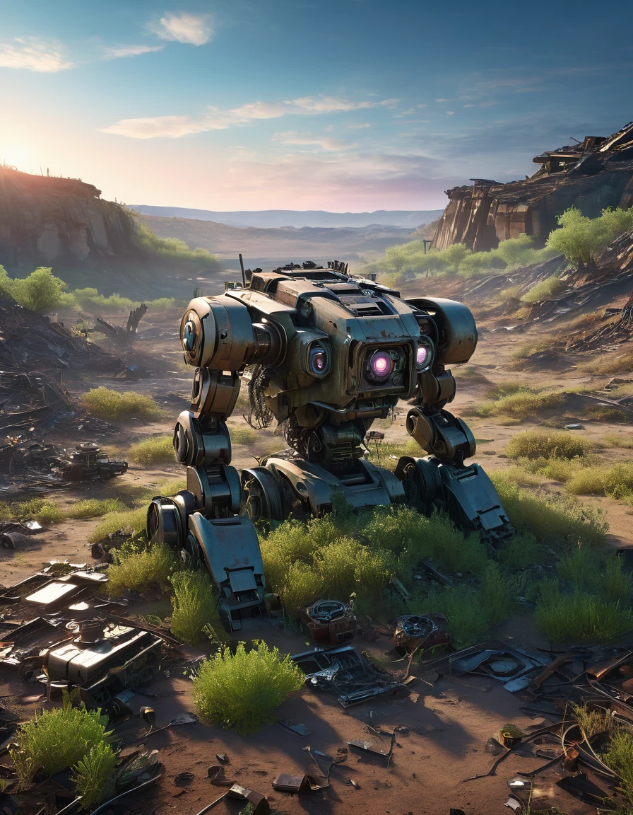 (full-body shot) , ((1 abandoned mecha lying on the ground)), Wasteland,(Damaged metal casing),(missing limbs:1.3),(Bare wires),Extinguished electronic eye,(Remains Cliff),Overgrown wasteland,(Broken gears and metal pieces),broken glass,swaying weeds,tragic sunset,afterglow,Ruined world background,(global illumination, Ray tracing, high dynamic range, Unreal rendering, Reasonable design, high detail, masterpiece, best quality, ultra high definition, light),3d style