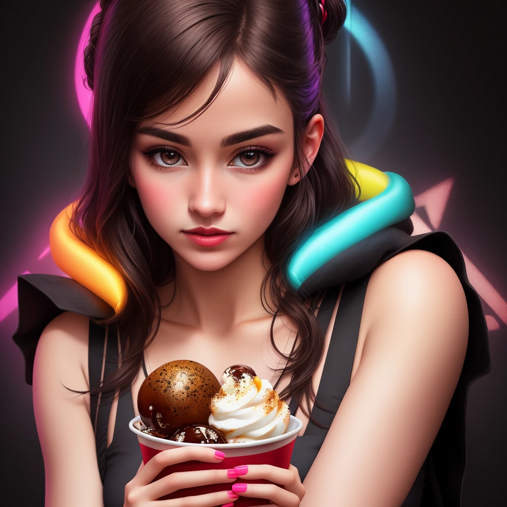 close-up beautiful young very detailed and sharp punk rock woman, taking a tasty ice cream of various colors, in color, retro neon synth wave with letters, illuminating the face and body with magenta neon lights subtly, black background, very detailed, 32k , sharp focus, masterpiece