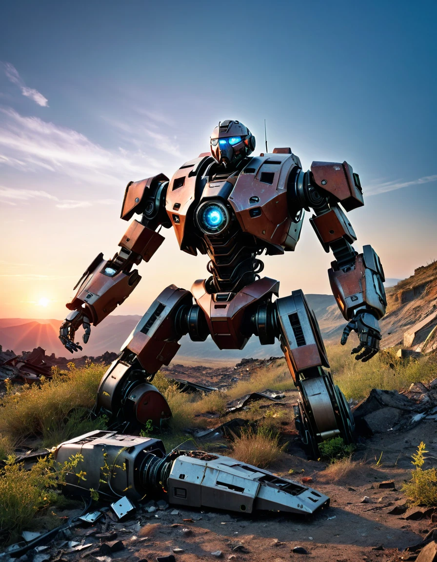 (full-body shot) , ((1 abandoned mecha lying on the ground)), Wasteland，(Damaged metal casing)，(missing limbs:1.3)，(Bare wires)，Extinguished electronic eye，(Remains Cliff)，Overgrown wasteland，(Broken gears and metal pieces)，broken glass，swaying weeds，tragic sunset，afterglow，Ruined world background，(global illumination, Ray tracing, high dynamic range, Unreal rendering, Reasonable design, high detail, masterpiece, best quality, ultra high definition, light)，3d style