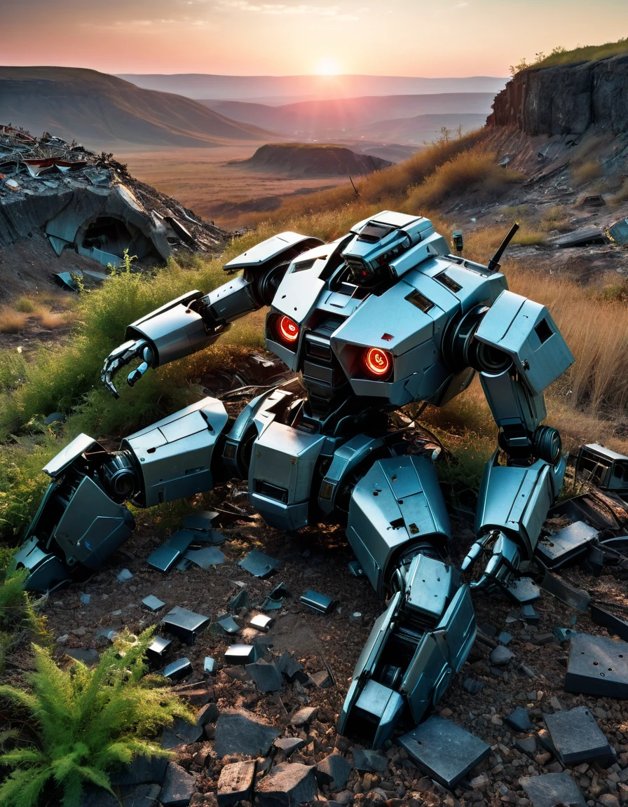 (full-body shot) , ((1 abandoned mecha lying on the ground)), Wasteland,(Damaged metal casing),(missing limbs:1.3),(Bare wires),Extinguished electronic eye,(Remains Cliff),Overgrown wasteland,(Broken gears and metal pieces),broken glass,swaying weeds,tragic sunset,afterglow,Ruined world background,(global illumination, Ray tracing, high dynamic range, Unreal rendering, Reasonable design, high detail, masterpiece, best quality, ultra high definition, light),3d style
