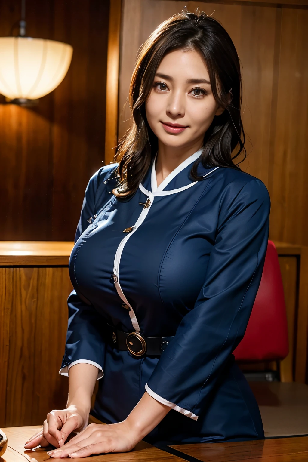 (table top:1.4), High resolution,(high quality:1.4),(45 year old female:1.4),(facial wrinkles:1.4),beautiful woman,(JAL Uniforms、Cabin attendant:1.4), plump sleeves,big breasts,navy blue uniform、evening hairstyle、