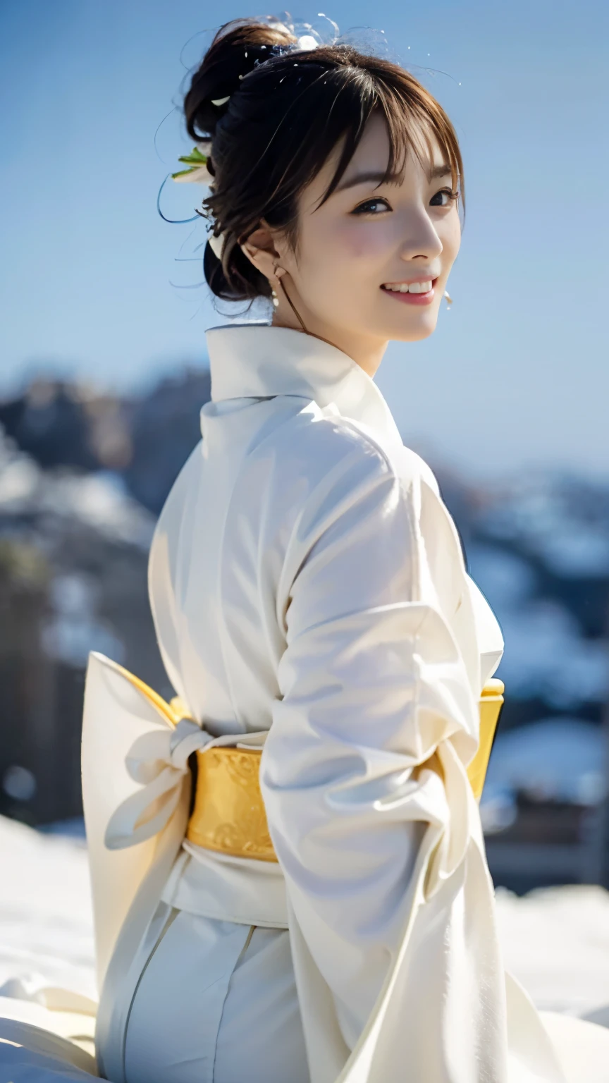 first person,perfect anatomy ,(((Wearing white clothes, sparkling earrings, tiara, and a thin kimono,Beautiful woman sitting with her knees together on a snowy mountain at night))),(((In the dim light of a blizzard,A snow woman who looks good in a plain white kimono is sitting with her hands behind her back and looking at the moon.))),(((muste piece))),The fair-skinned nape of the neck is dazzling,(((The beautiful pure white kimono stands out))),Tuck your chin and put your hands on your cheeks,((Full body shot from the front and back of the moon)),20-year-old, The nape of the glossy maroon 2-block belly short is sexy.,(Raise the corners of your mouth and eyebrows and smile),((Gravure shooting in a snowy mountain forest)),((long eyelashes,Big eyes,Clear double eyelids,((glossy thick lips)),The short bob looks great and captures the essence of her athleticism and energy.,Deep depth of field with Hasselblad, portraying the motion and grace of フリーズ, showing the wind blowing her ショートカット and clothes,outdoors, detailed background,best image quality,professional angle of view,outstanding detail,超A high resolution,realistic:1.4),high detail,focus on details,1girl concentrated in high concentration,beautiful chestnut hair,Beautiful face with a delicate and high nose,long limbs like a model,tight waist,A glimpse of white skin is dazzling,god々beautifully cinematic,