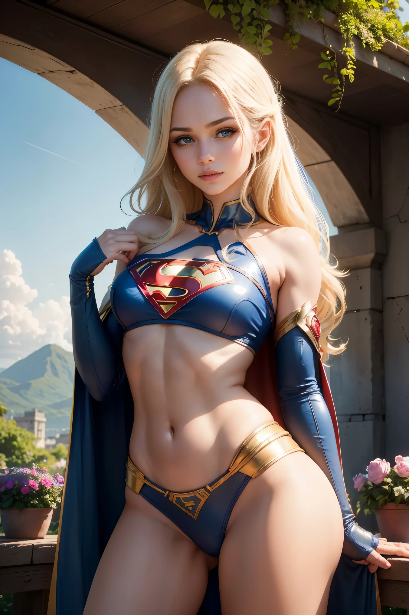 lindo, Powerful supergirl with flowing blonde hair and a captivating smile. your strength, Muscular Physique Radiates Confidence and Strength. Os detalhes intrincados de seu rosto, showing off her piercing blue eyes and perfectly shaped lips, melhorar seu carisma geral. She is the epitome of female empowerment and strength. Realista, fotografia. Fantasia rasgada.

Ela fica alta em um jardim vibrante, Full of lush greenery and colorful flowers. Sunlight gently caresses your flawless skin, criando um, brilho suave. The garden is teeming with life, com borboletas voando ao seu redor, attracted by its natural beauty.

The scene is captured in stunning 8k resolution, garantindo a mais alta qualidade e clareza. The image is ultra-detailed, reflecting every intricate aspect of Supergirl's appearance and the surrounding environment. With realistic and photorealistic rendering, Cada detalhe, from the texture of the hair to the delicacy of the petals, is brought to life.

O estilo de arte mistura elementos de retratos e arte conceitual, creating a unique and captivating composition. It shows the powerful presence of supergirl amidst the serene beauty of nature. The colors are vivid, accentuating the vibrancy of the garden and enhancing the overall aesthetic appeal.

The lighting in the image is meticulously crafted, emphasizing Supergirl's characteristics and adding depth to the scene. O macio, A luz do sol quente projeta sombras delicadas, melhorar ainda mais a qualidade tridimensional da obra de arte.

Em resumo, The request is:
Supergirl, louro, peituda, musculoso, belos olhos detalhados, beautiful detailed lips, olhos e rosto extremamente detalhados, Long eyelashes, cena do jardim, 8k resolution, ultra-detalhado, Realista, fotorrealista, retrato, arte conceitual, cores vivas, luz solar quente, Women's Strength and Empowerment.