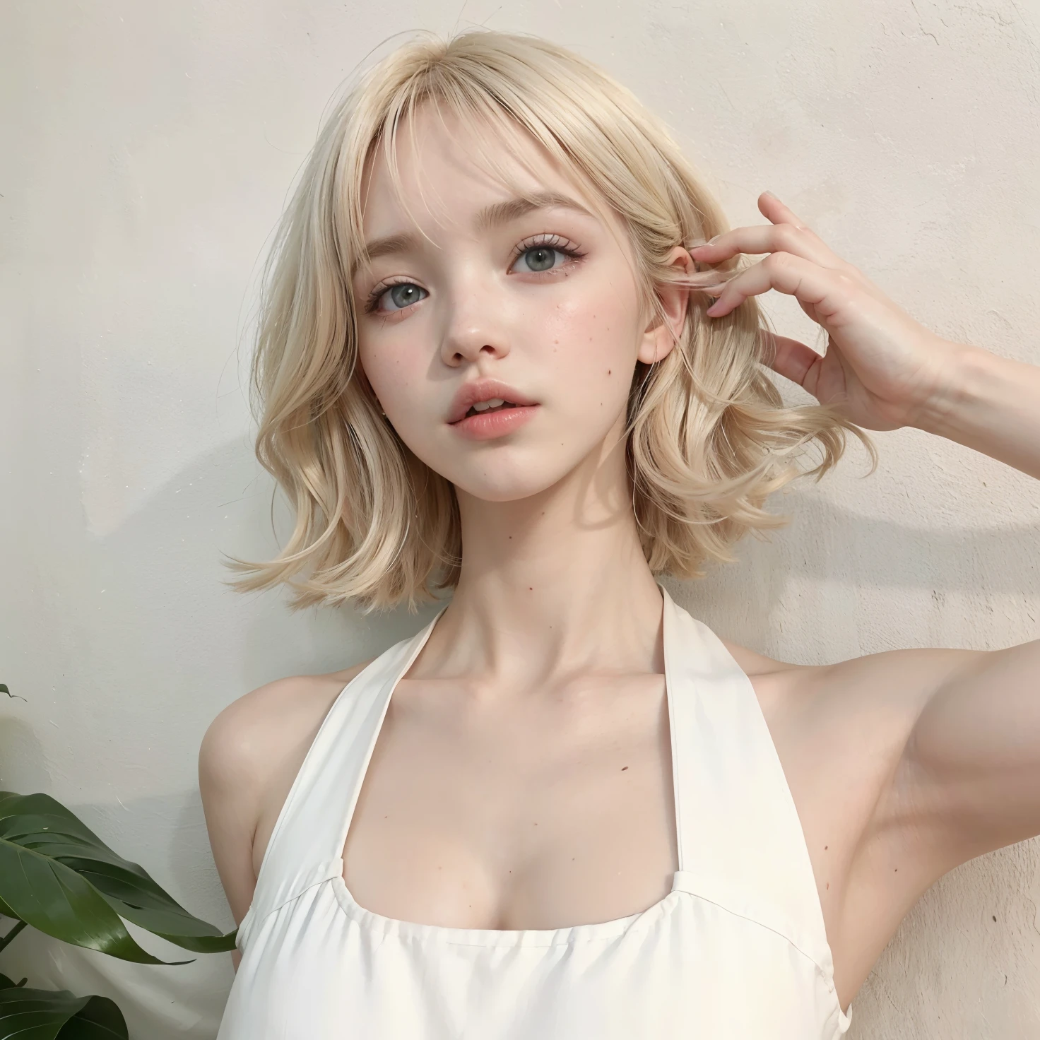 Dove Cameron rubia con una camiseta blanca sin mangas y una planta verde, Cabello rubio corto con flequillo, con pelo corto con flequillo, cabello whitebangs cabello, con el pelo corto, con flequillo, flequillo blanco, Cabello rubio corto y ondulado, Peinado blanco de corte hime, dove Cameron con el pelo corto y blanco, con flequillo completo, con pelo blanco corto y ondulado, cabello corto rubio Dove Cameron