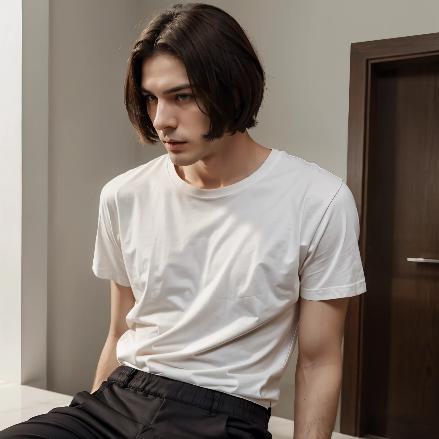 A tall bad guy with dark brown eyes, straight short hair, rather pale face, wearing t-shirt and pants