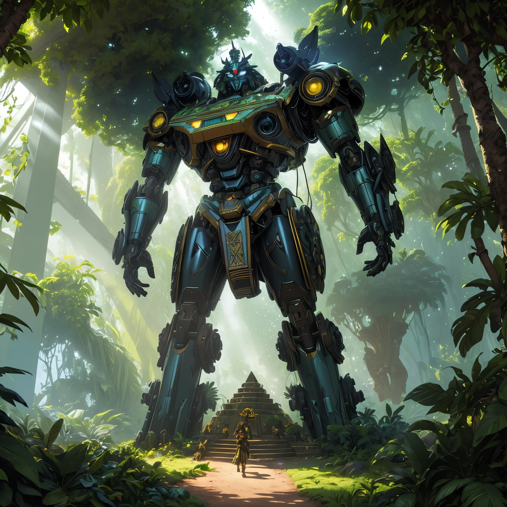 (a massive pyramid,naturalistic,overgrown with foliage),giant mecha of an Aztec god,figs,vines,jungle,ancient civilization,imposing presence,cryptic symbols,impressive engineering,complex machinery,detailed gears and joints,weathered metal and stone,concealed power source,moss-covered surfaces,mysterious atmosphere,ancient technology merging with nature,rays of sunlight piercing through the foliage,heavy footsteps signaling its movement,shadowy corners and hidden passages,ancient artifacts scattered around,exotic flora and fauna,gold accents glinting in the sunlight,sound of buzzing insects and chirping birds echoing in the distance,imposing and awe-inspiring,mixture of mythology and futuristic technology,rich color palette,high contrast lighting,ethereal and surreal,hints of supernatural power,immense scale and grandeur.(best quality,highres,ultra-detailed,photorealistic), Aztec god mecha emerging from the jungle-covered pyramid.