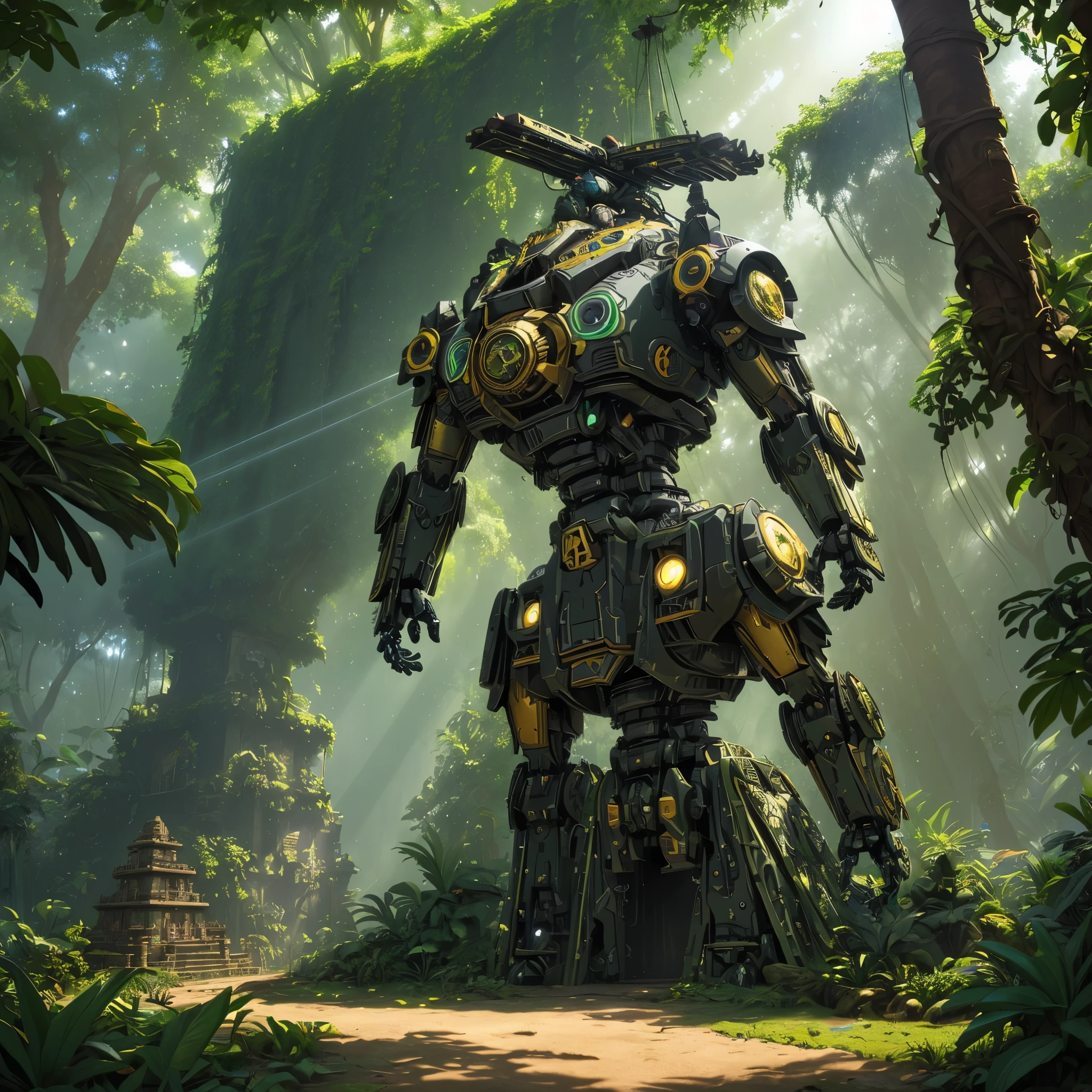(a massive pyramid,naturalistic,overgrown with foliage),giant mecha of an Aztec god,figs,vines,jungle,ancient civilization,imposing presence,cryptic symbols,impressive engineering,complex machinery,detailed gears and joints,weathered metal and stone,concealed power source,moss-covered surfaces,mysterious atmosphere,ancient technology merging with nature,rays of sunlight piercing through the foliage,heavy footsteps signaling its movement,shadowy corners and hidden passages,ancient artifacts scattered around,exotic flora and fauna,gold accents glinting in the sunlight,sound of buzzing insects and chirping birds echoing in the distance,imposing and awe-inspiring,mixture of mythology and futuristic technology,rich color palette,high contrast lighting,ethereal and surreal,hints of supernatural power,immense scale and grandeur.(best quality,highres,ultra-detailed,photorealistic), Aztec god mecha emerging from the jungle-covered pyramid.