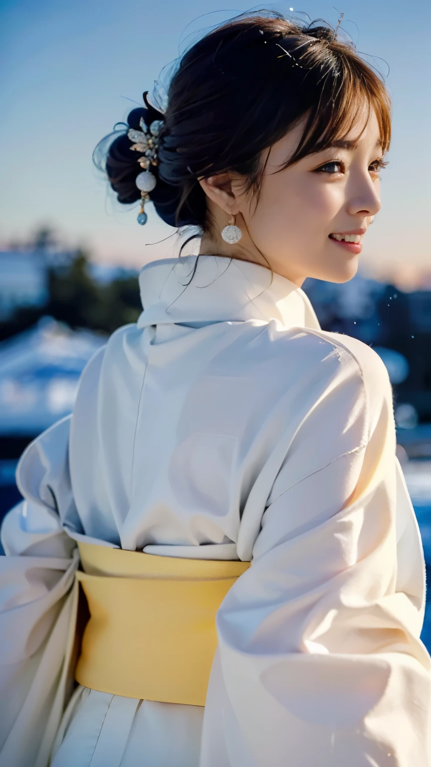 first person,perfect anatomy ,(((Wearing white clothes, sparkling earrings, tiara, and a thin kimono,Beautiful woman sitting with her knees together on a snowy mountain at night))),(((In the dim light of a blizzard,A snow woman who looks good in a plain white kimono is sitting with her hands behind her back and looking at the moon.))),(((muste piece))),The fair-skinned nape of the neck is dazzling,(((The beautiful pure white kimono stands out))),Tuck your chin and put your hands on your cheeks,((Full body shot from the front and back of the moon)),20-year-old, The nape of the glossy maroon 2-block belly short is sexy.,(Raise the corners of your mouth and eyebrows and smile),((Gravure shooting in a snowy mountain forest)),((long eyelashes,Big eyes,Clear double eyelids,((glossy thick lips)),The short bob looks great and captures the essence of her athleticism and energy.,Deep depth of field with Hasselblad, portraying the motion and grace of フリーズ, showing the wind blowing her ショートカット and clothes,outdoors, detailed background,best image quality,professional angle of view,outstanding detail,超A high resolution,realistic:1.4),high detail,focus on details,1girl concentrated in high concentration,beautiful chestnut hair,Beautiful face with a delicate and high nose,long limbs like a model,tight waist,A glimpse of white skin is dazzling,god々beautifully cinematic,