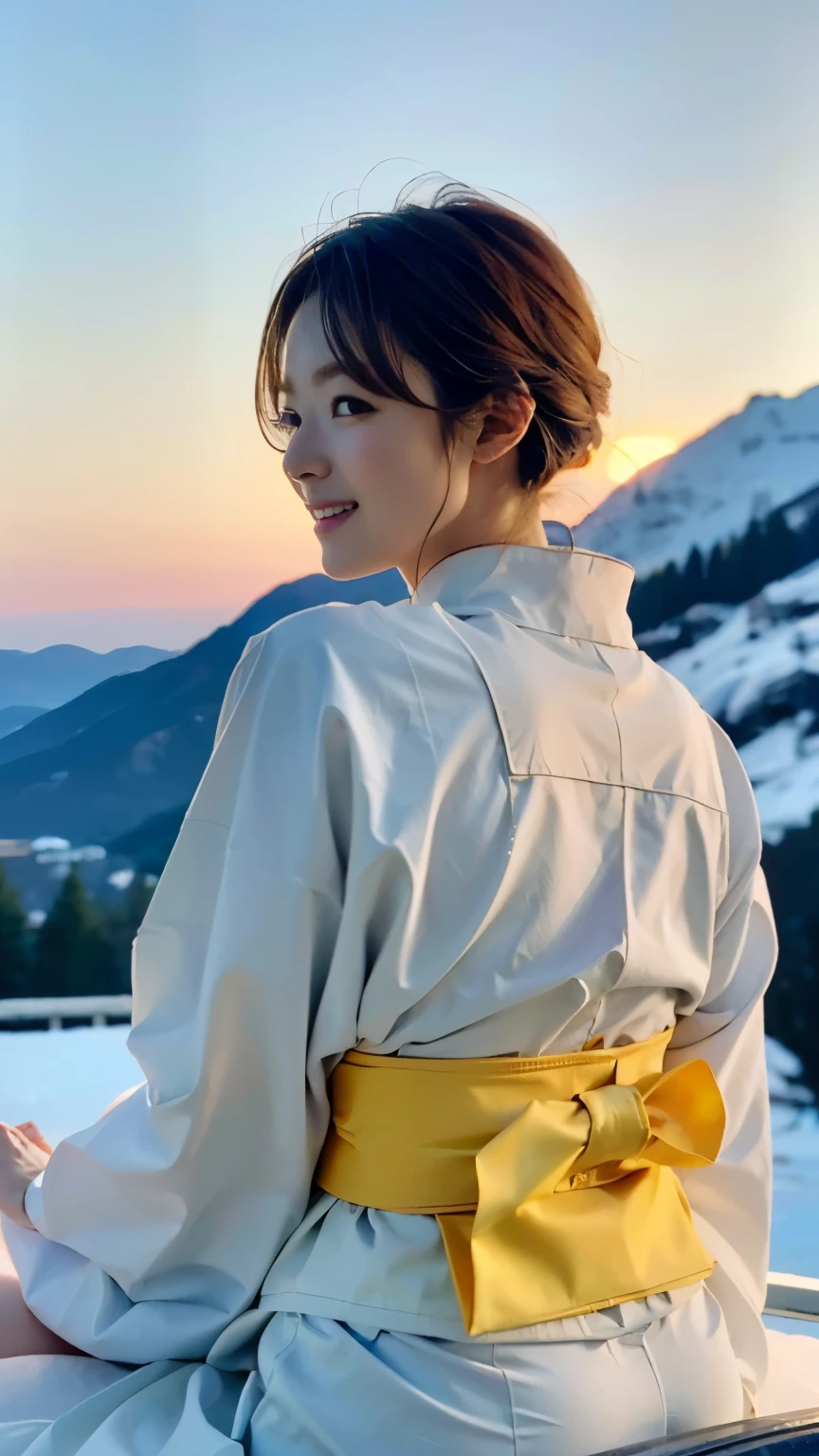 first person,perfect anatomy ,(((Wearing a white kimono with little skin exposed,夜に雪山に膝を揃えて腰を下ろした美New女性))),(((In the dim light of a blizzard,A snow woman who looks good in a plain white kimono is sitting with her hands behind her back and looking at the moon.))),(((muste piece))),色白のうなじが眩New,(((美New純白の着物が映えます))),Tuck your chin and put your hands on your cheeks,((Full body shot from behind with the moon in the background)),20-year-old, The nape of the glossy maroon 2-block belly short is sexy.,(Raise the corners of your mouth and eyebrows and smile),((Gravure shooting in a snowy mountain forest)),((long eyelashes,Big eyes,Clear double eyelids,((glossy thick lips)),The short bob looks great and captures the essence of her athleticism and energy.,Deep depth of field with Hasselblad, portraying the motion and grace of フリーズ, showing the wind blowing her ショートカット and clothes,outdoors, detailed background,best image quality,professional angle of view,outstanding detail,超A high resolution,realistic:1.4),high detail,focus on details,1girl concentrated in high concentration,栗色の美Newヘアー,繊細で鼻が高く美New顔,long limbs like a model,tight waist,チラ見えする白い肌が眩New,god々New,cinematic,