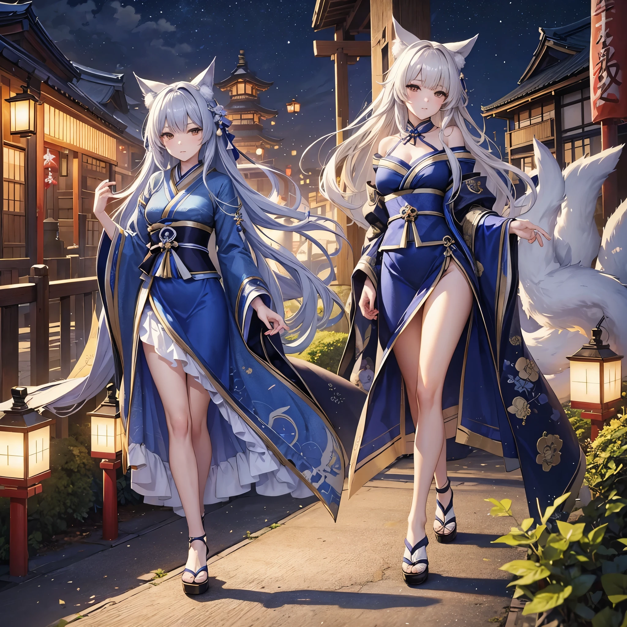 a kitsune woman in a blue dress walking in a Japanese park, long hair, looking sleepy, at night, with nine kitsune syrups
