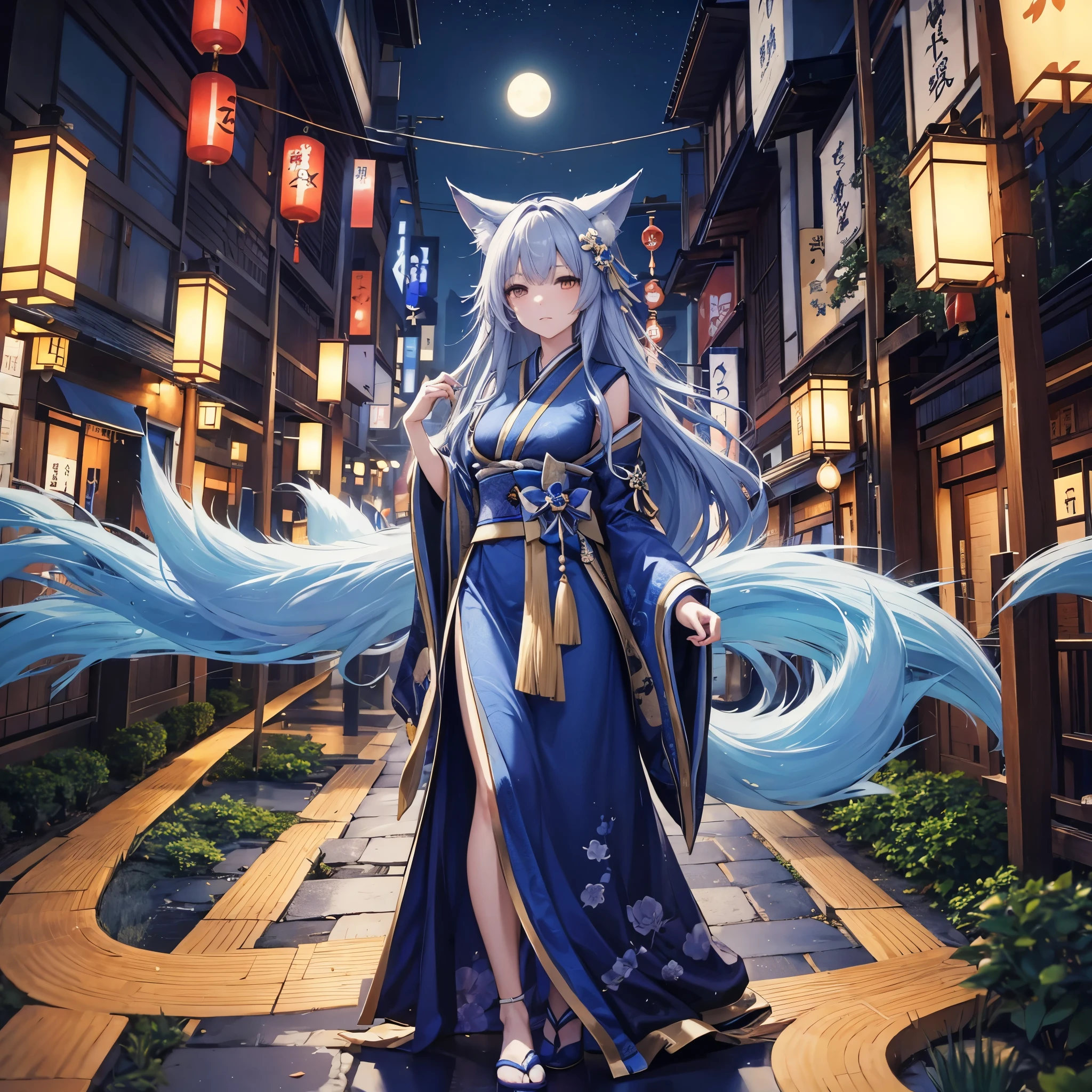 a kitsune woman in a blue dress walking in a Japanese park, long hair, looking sleepy, at night, with nine kitsune syrups