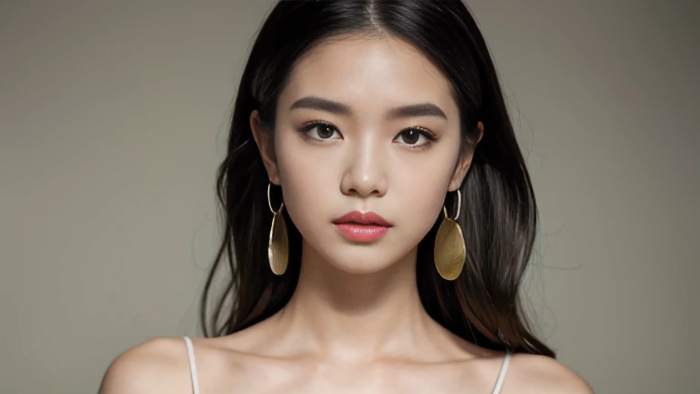 masterpiece, best quality, alone, 1 girl, glowing skin, hoop earrings, charming, Whimsical details, smooth hair, enchanting, bare shoulders, crop top, Pants, See deeply, Compared, professional model, front, portrait