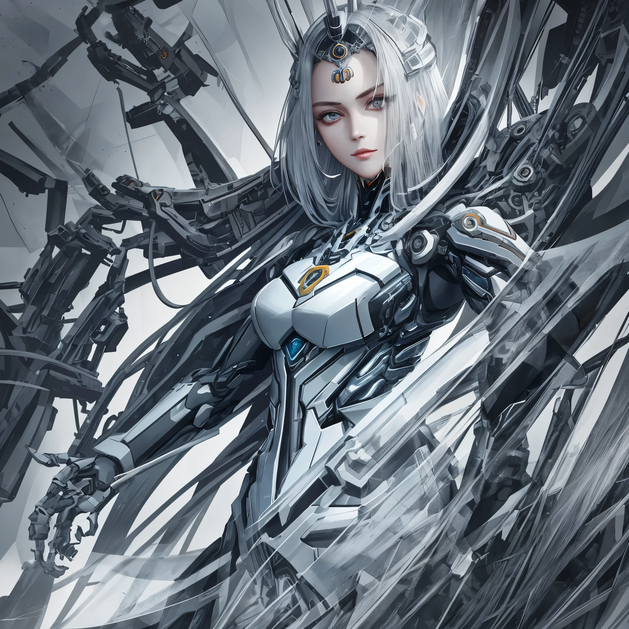 masterpiece of a 1mechanical girl, crafted with best quality and ultra-sharp details, showcasing an intricately designed face with shadows that add depth and dimension, painted in cold colors reminiscent of Egyptian detail, focusing on highly intricate ornaments and machinery, rendering on cgsociety with a lifelike and killing machine-like presence, facing the camera with machanical limbs that seem to move in perfect synchronization, mechanical cervical attachment to the neck, and numerous wires and cables connecting to her head, giving the illusion of a complex and highly advanced ghost in the shell-inspired anime art style.