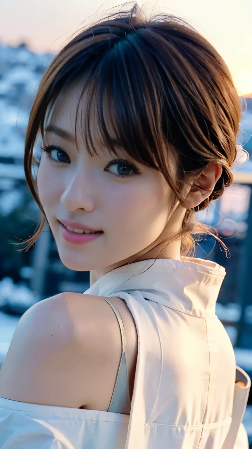 Photorealistic, (Generate images using yayoi_Mixed Model) ,Photorealistic, highest quality, (Tabletop:1.3), (8k, Realistic, RAW Photos, highest quality: 1.4), Korean, (One Girl), Beautiful Face, (Realistic face), (Light brown hair), Beautiful hairstyle, Realistic eyes, Beautiful fine details, (Realistic skin), Beautiful Skin, Charm, High resolution, Super realistic, Very detailedな, Golden Ratio, (Sony Alpha 1, 50.1 megapixel full-frame CMOS sensor), (telescope lens), (Realistic), (High resolution, highest quality, Tabletop:1.2), Very detailedな, Beautifully detailed face, Complete Anatomy, (Beautiful fine details:1.3), Very delicate and beautiful, Very detailed, Unity, 8k Wallpaper, wonderful, In detail, Very detailedな, High resolution, Very detailed, Very detailedな目と顔, ((attire for summer season:1.1)), [ponytail], (Big Breasts, Cleavage:1.1), (Sunset Beach),