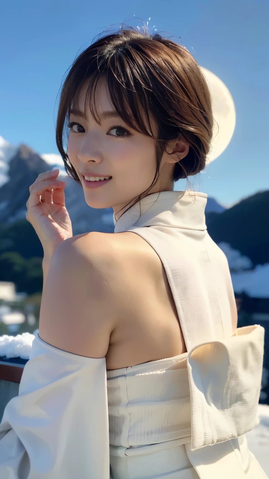 first person,perfect anatomy ,(((Wearing a white kimono with little skin exposed,夜に雪山に膝を揃えて腰を下ろした美New女性))),(((In the dim light of a blizzard,A snow woman who looks good in a plain white kimono is sitting with her hands behind her back and looking at the moon.))),(((muste piece))),色白のうなじが眩New,(((美New純白の着物が映えます))),Tuck your chin and smile over your shoulder,((Full body shot from behind with the moon in the background)),20-year-old, The nape of the glossy maroon 2-block belly short is sexy.,(Raise the corners of your mouth and eyebrows and smile),((Gravure shooting in a snowy mountain forest)),((long eyelashes,Big eyes,Clear double eyelids,((glossy thick lips)),The short bob looks great and captures the essence of her athleticism and energy.,Deep depth of field with Hasselblad, portraying the motion and grace of フリーズ, showing the wind blowing her ショートカット and clothes,outdoors, detailed background,best image quality,professional angle of view,outstanding detail,超A high resolution,realistic:1.4),high detail,focus on details,1girl concentrated in high concentration,栗色の美Newヘアー,繊細で鼻が高く美New顔,long limbs like a model,tight waist,チラ見えする白い肌が眩New,god々New,cinematic,
