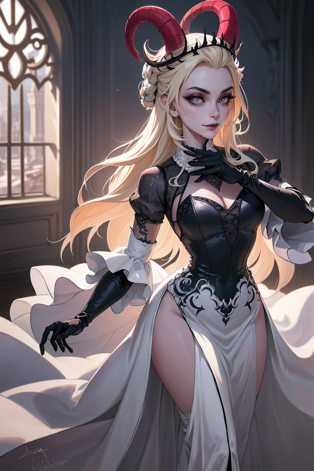 (Lilith:1.2), (grey/gray skin, grey sclera, long blonde hair, white iris, demon horns, makeup), (DefaultOutfit:1.2), (long dress, sleeves, gloves, black dress:1.5), (castle, inside a castle, Victorian theme), (realistic:1.2), (masterpiece:1.2), (upper-body-shot:1),(Cowboy-shot:1.2), neon lighting, dark romantic lighting, (highly detailed:1.2),(detailed face:1.2), (gradients), colorful, detailed eyes, (detailed landscape:1.2), (natural lighting:1.2), (powerful pose:1.2), (solo, one person, 1girl:1.5), lilith, hazbin , black dress, perfect fingers, walking, dancing, smilling