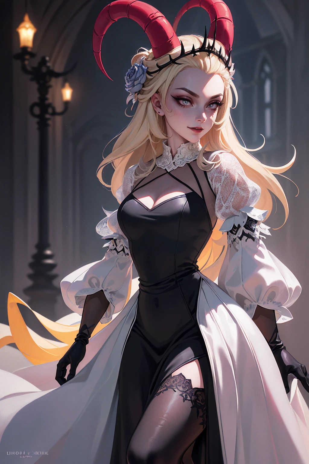 (Lilith:1.2), (grey/gray skin, grey sclera, long blonde hair, white iris, demon horns, makeup), (DefaultOutfit:1.2), (long dress, sleeves, gloves, black dress:1.5), (castle, inside a castle, Victorian theme), (realistic:1.2), (masterpiece:1.2), (upper-body-shot:1),(Cowboy-shot:1.2), neon lighting, dark romantic lighting, (highly detailed:1.2),(detailed face:1.2), (gradients), colorful, detailed eyes, (detailed landscape:1.2), (natural lighting:1.2), (powerful pose:1.2), (solo, one person, 1girl:1.5), lilith, hazbin , black dress, perfect fingers, walking, dancing, smilling